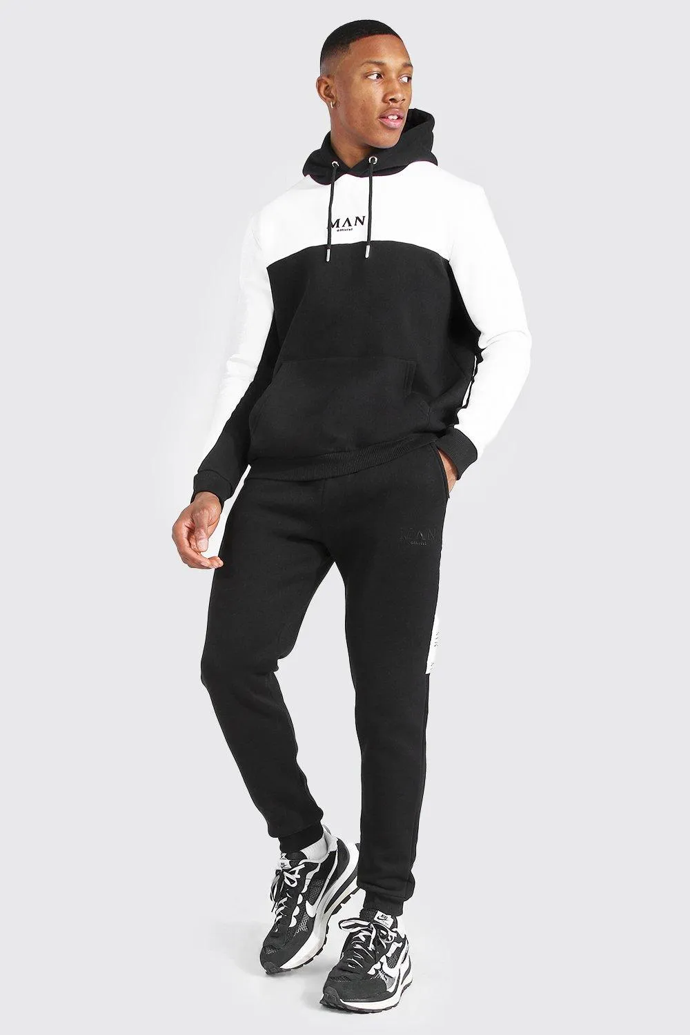 Man Colour Block Hooded Tracksuit With Tape | boohooMAN UK