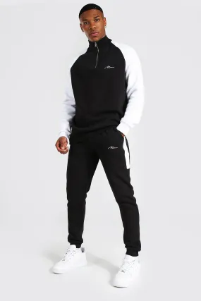 Man Funnel Neck Contrast Panel Tracksuit | boohooMAN UK