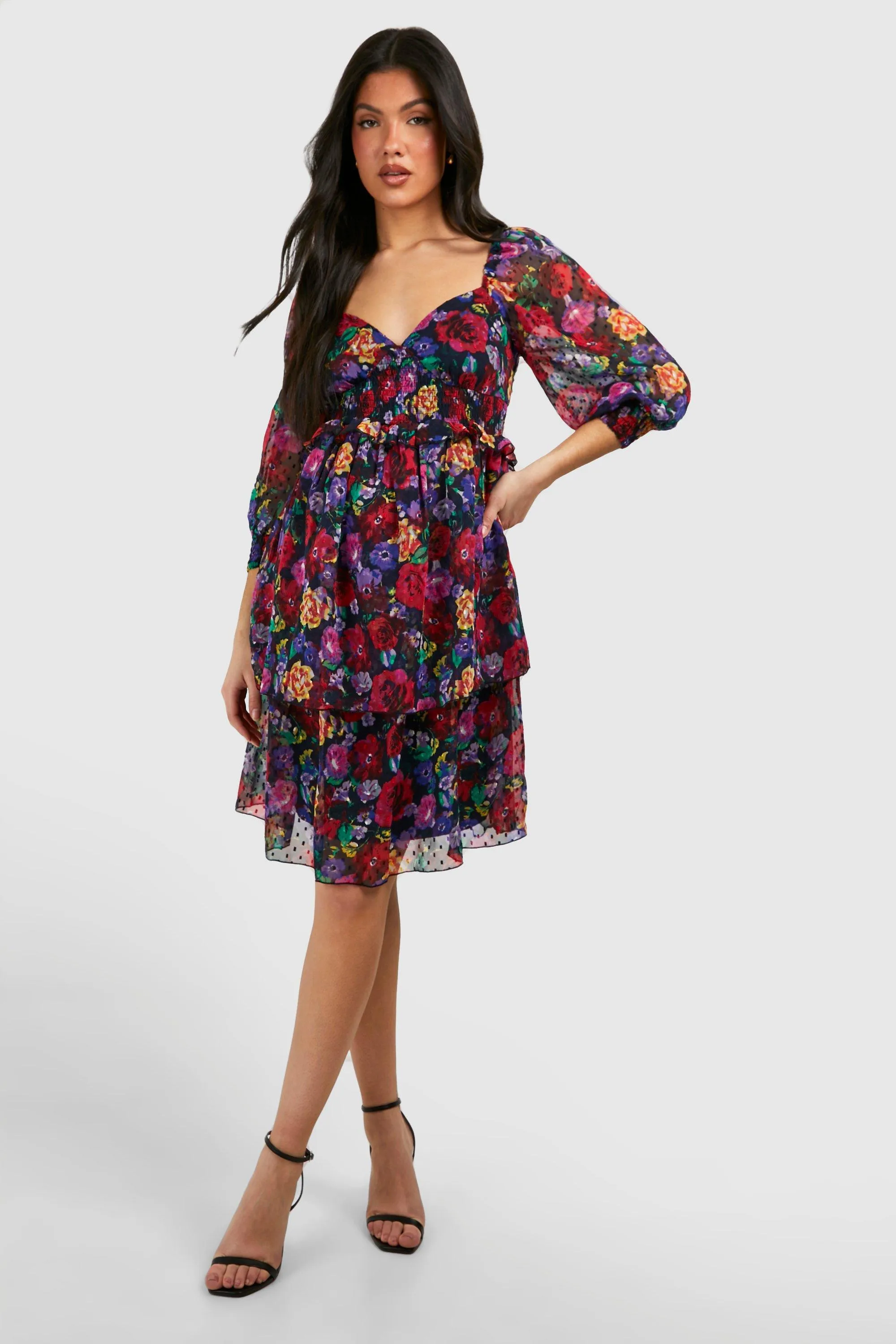 Maternity Floral Dobby Puff Shoulder Mini Dress