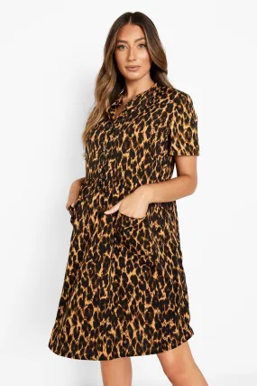 Maternity Leopard Button Front Smock Dress