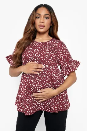 Maternity Leopard Frill Sleeve Smock Top