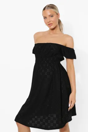 Maternity Off The Shoulder Jersey Eyelet Dress