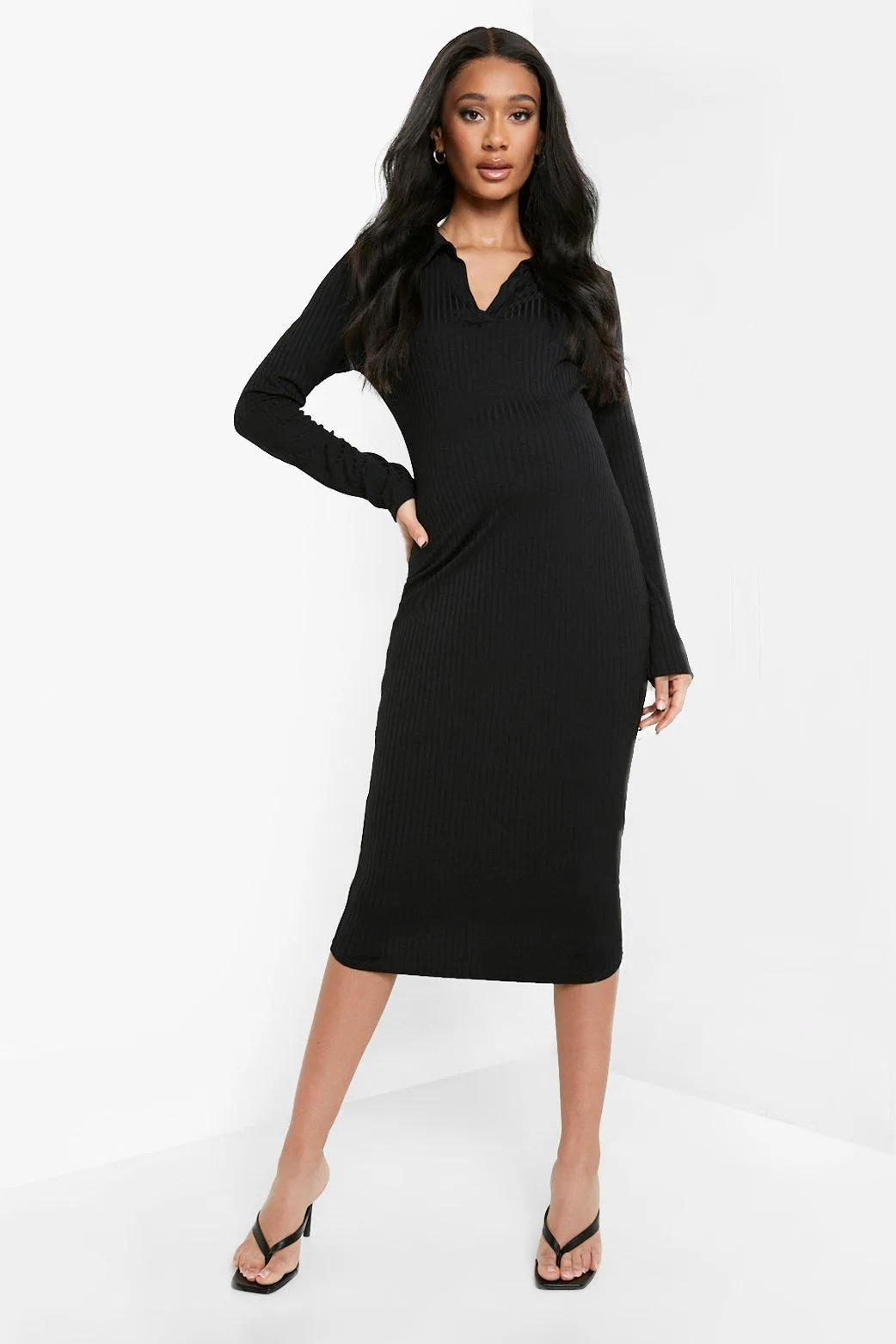 Maternity Rib Collar Midi Dress