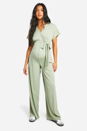 Maternity Ribbed Wrap Wide Leg Belted Jumpsuit