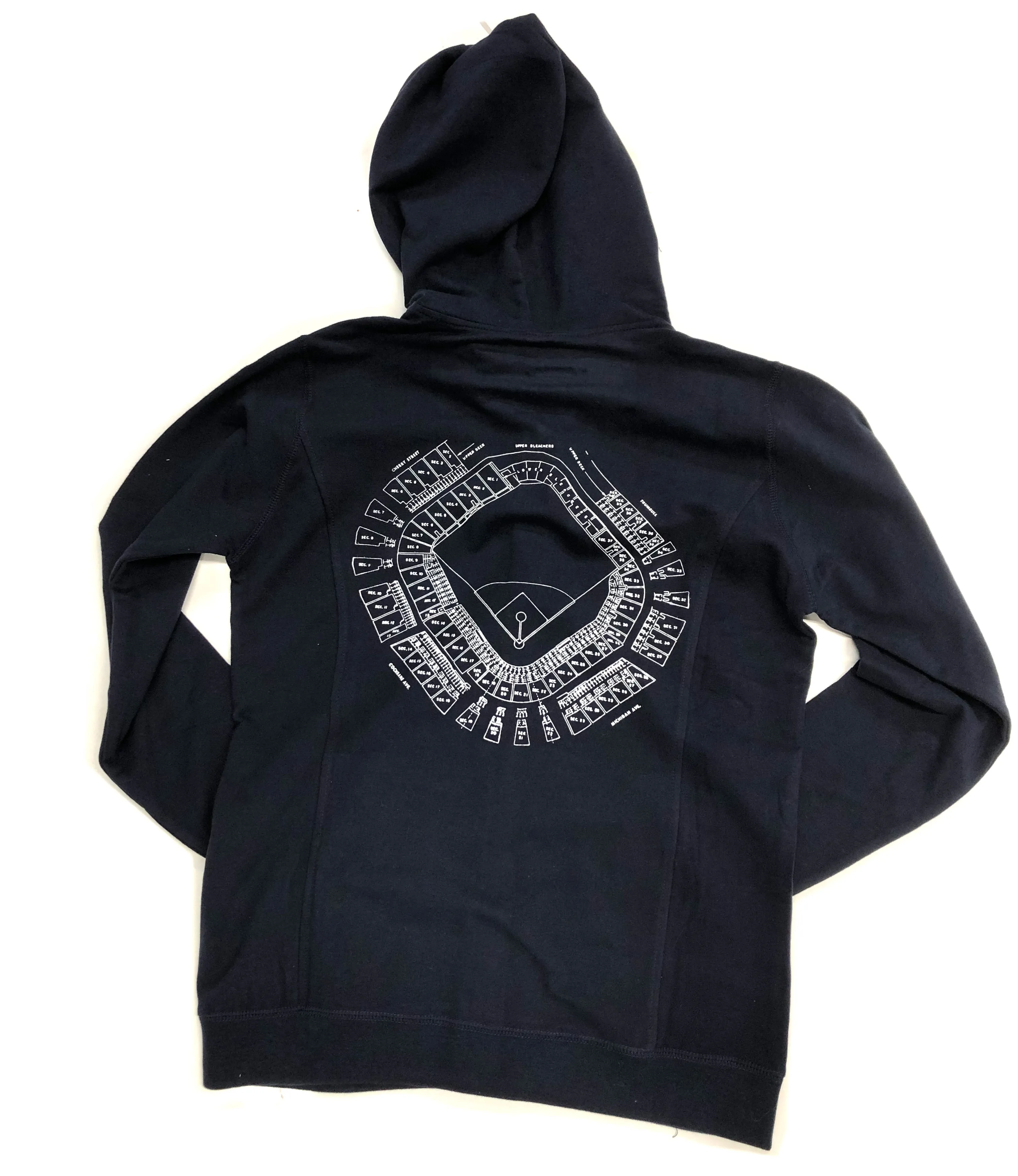 Old Tiger Stadium Blueprint Sweatshirt. Women's Fitted Navy Zip Hoodie, Navin Field