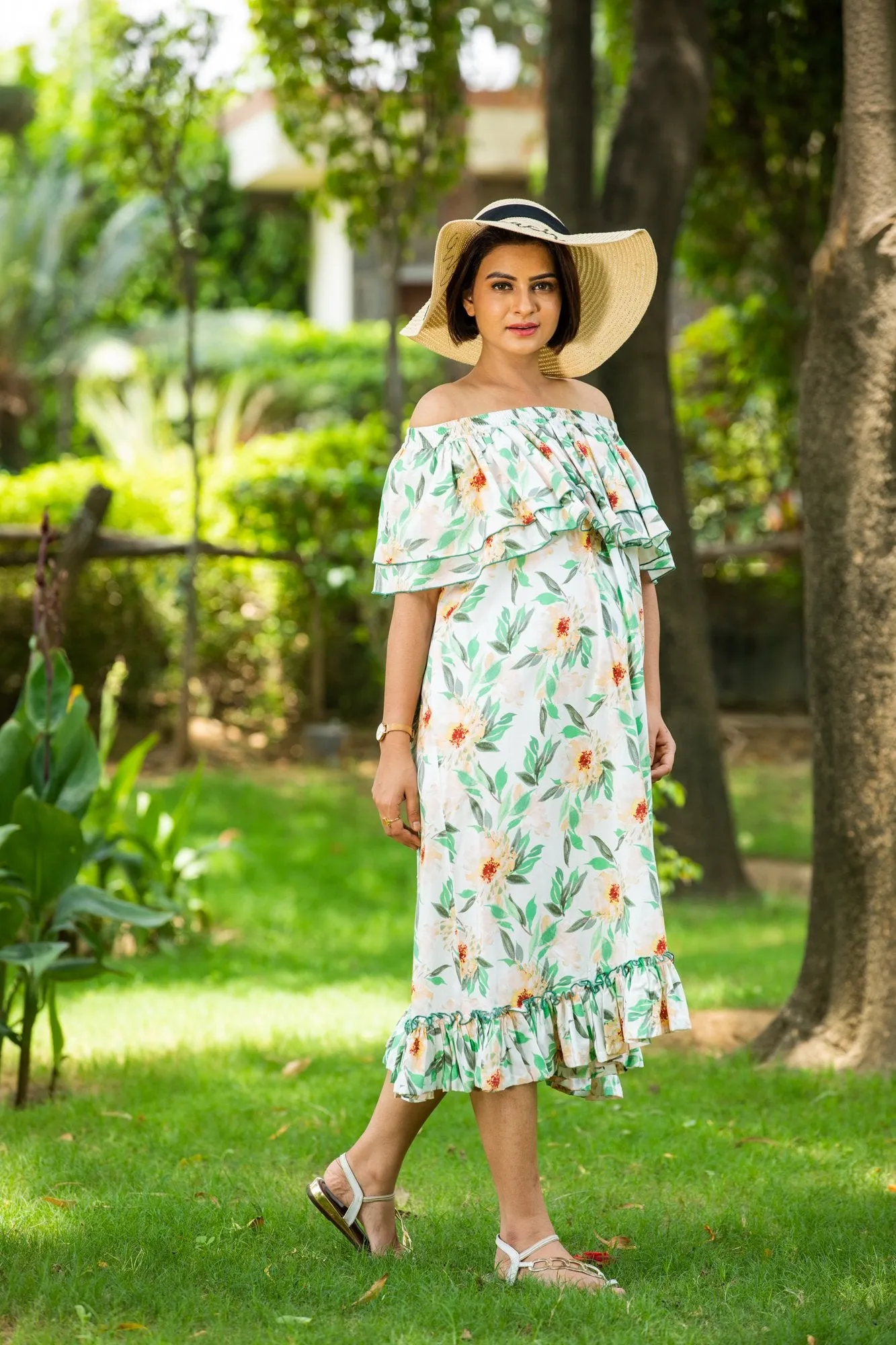 Olive Green Off-Shoulder Maternity Maxi