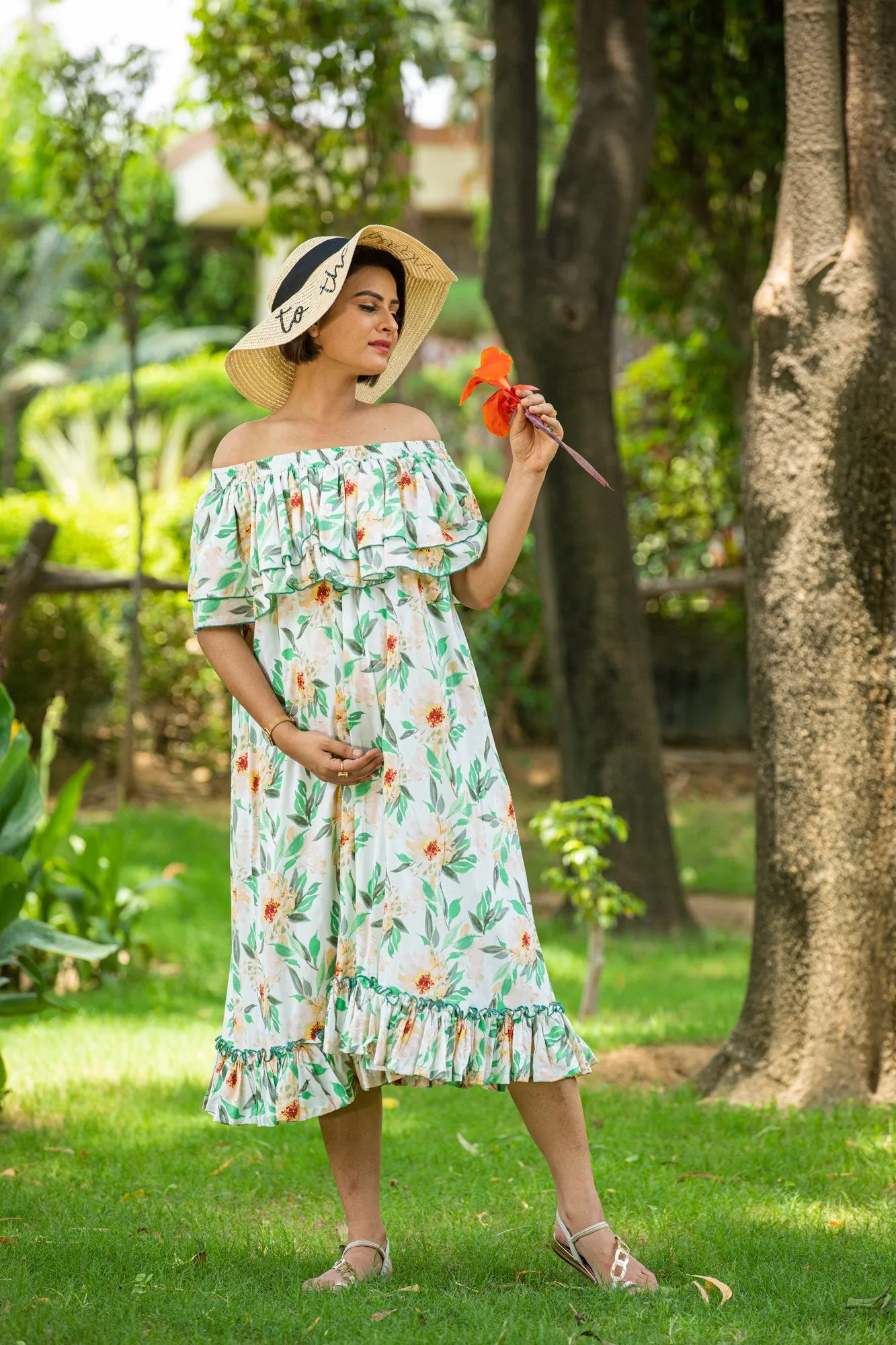 Olive Green Off-Shoulder Maternity Maxi