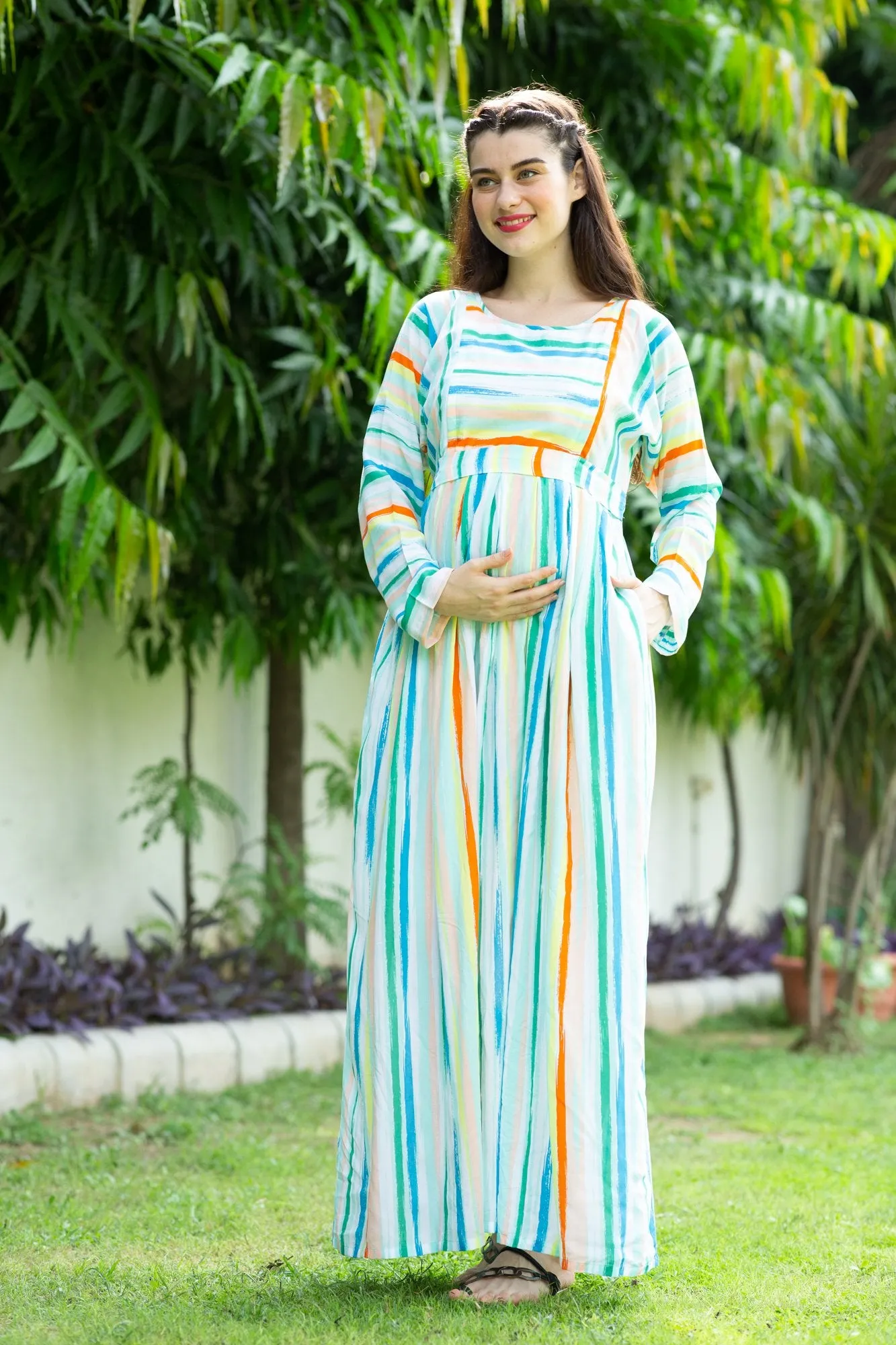 Pastel Striped Maternity & Nursing Maxi Dress