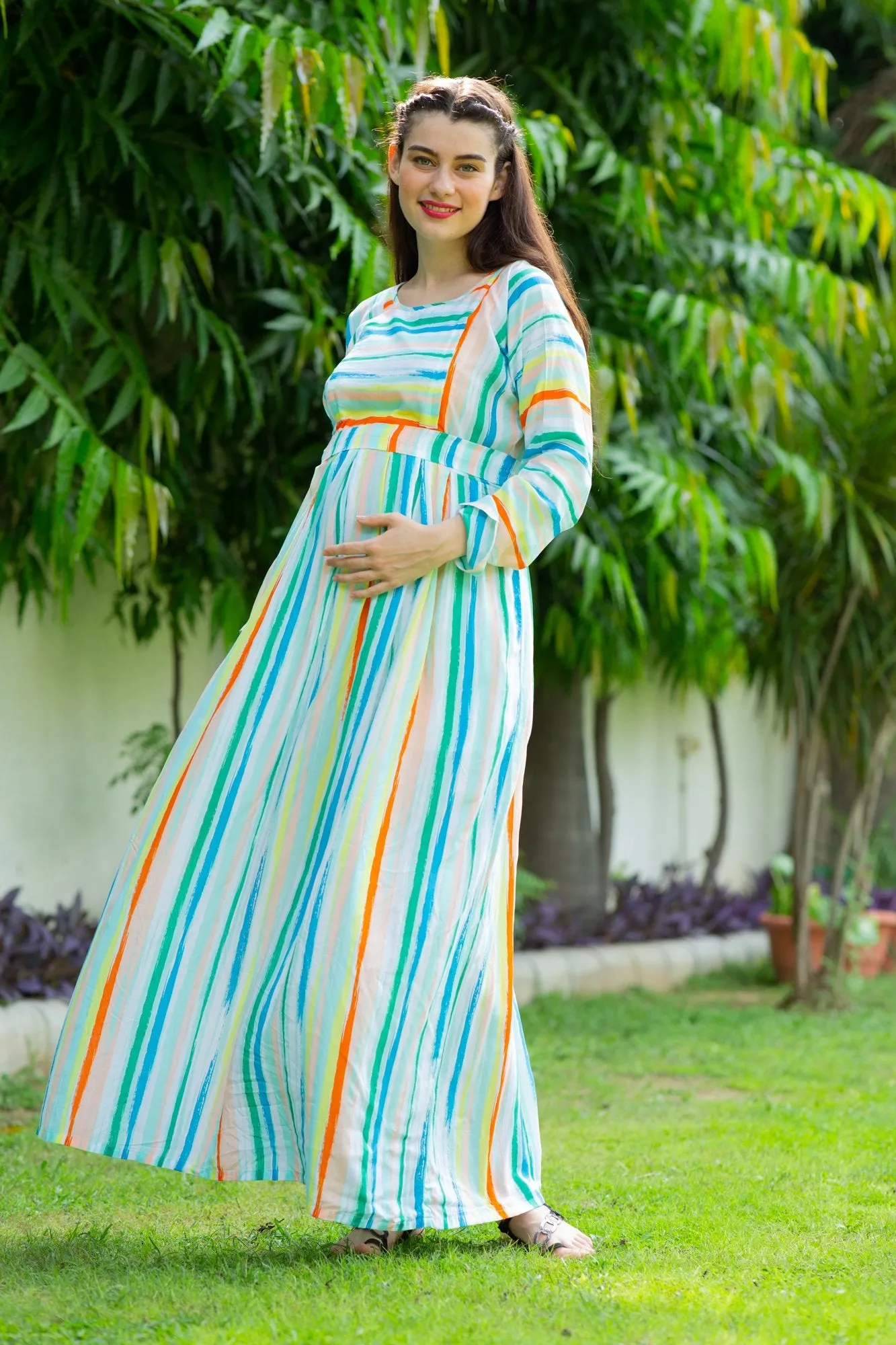 Pastel Striped Maternity & Nursing Maxi Dress