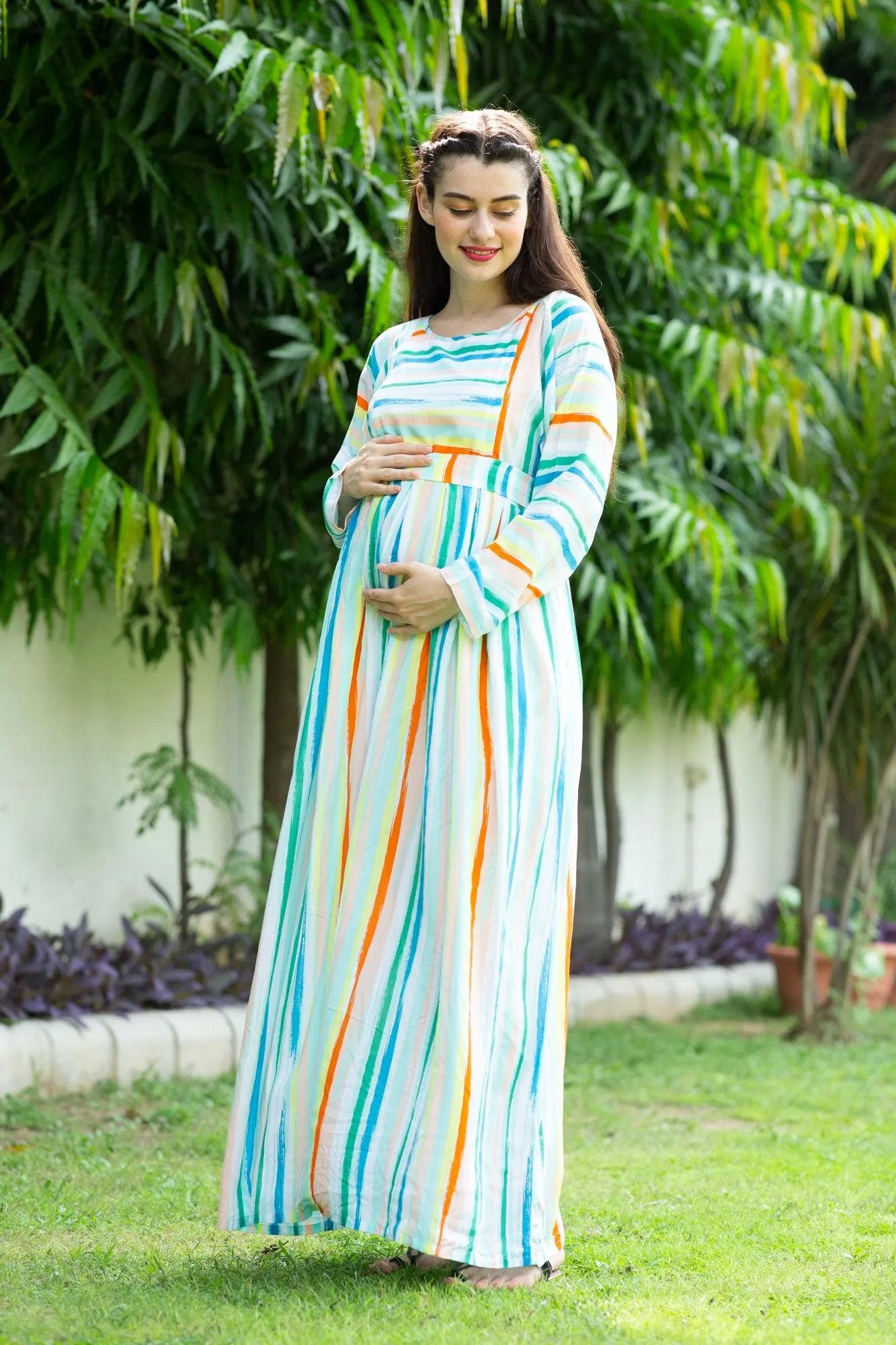 Pastel Striped Maternity & Nursing Maxi Dress