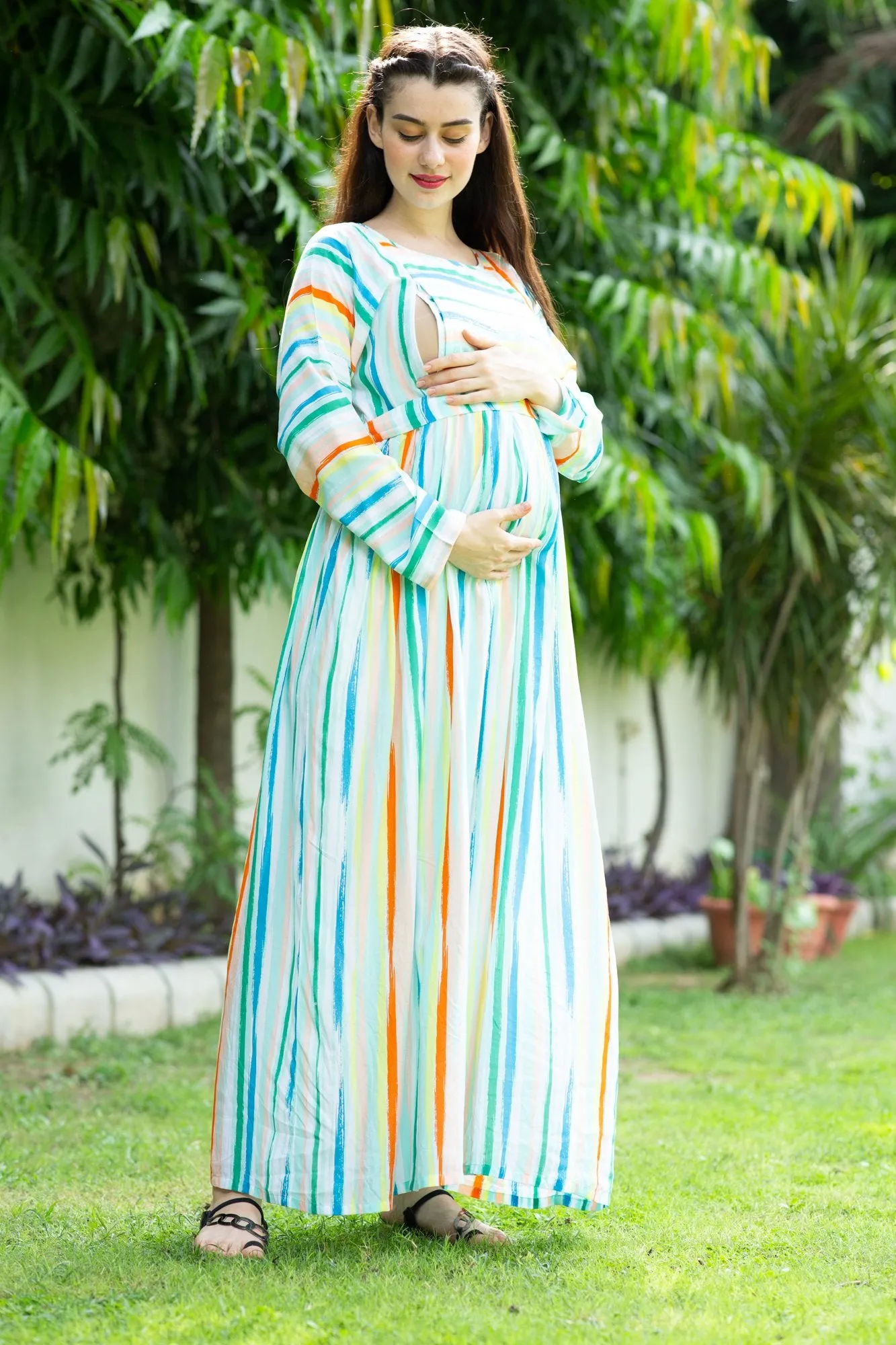 Pastel Striped Maternity & Nursing Maxi Dress