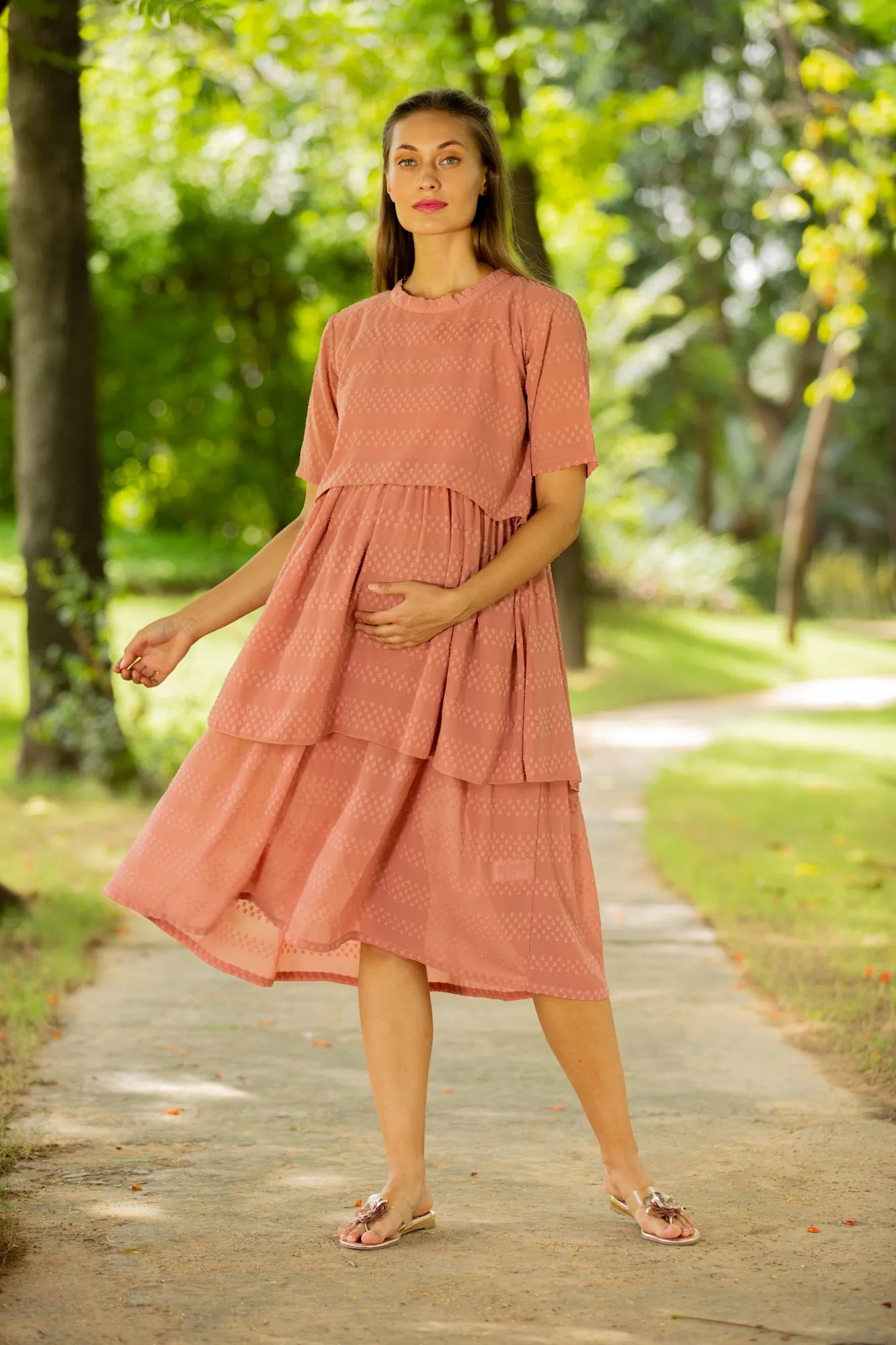 Peach Layered Maternity & Nursing Dress