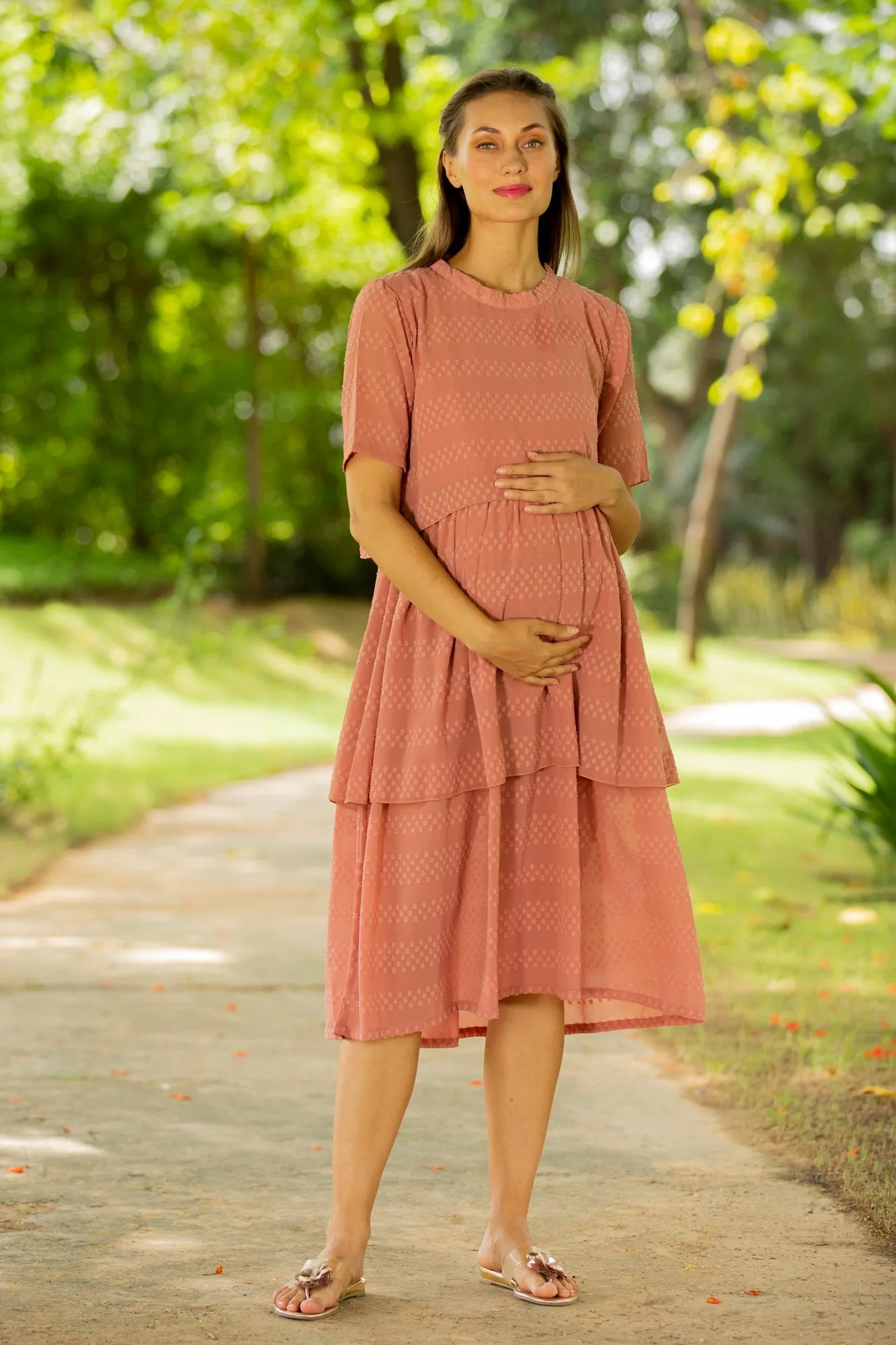 Peach Layered Maternity & Nursing Dress