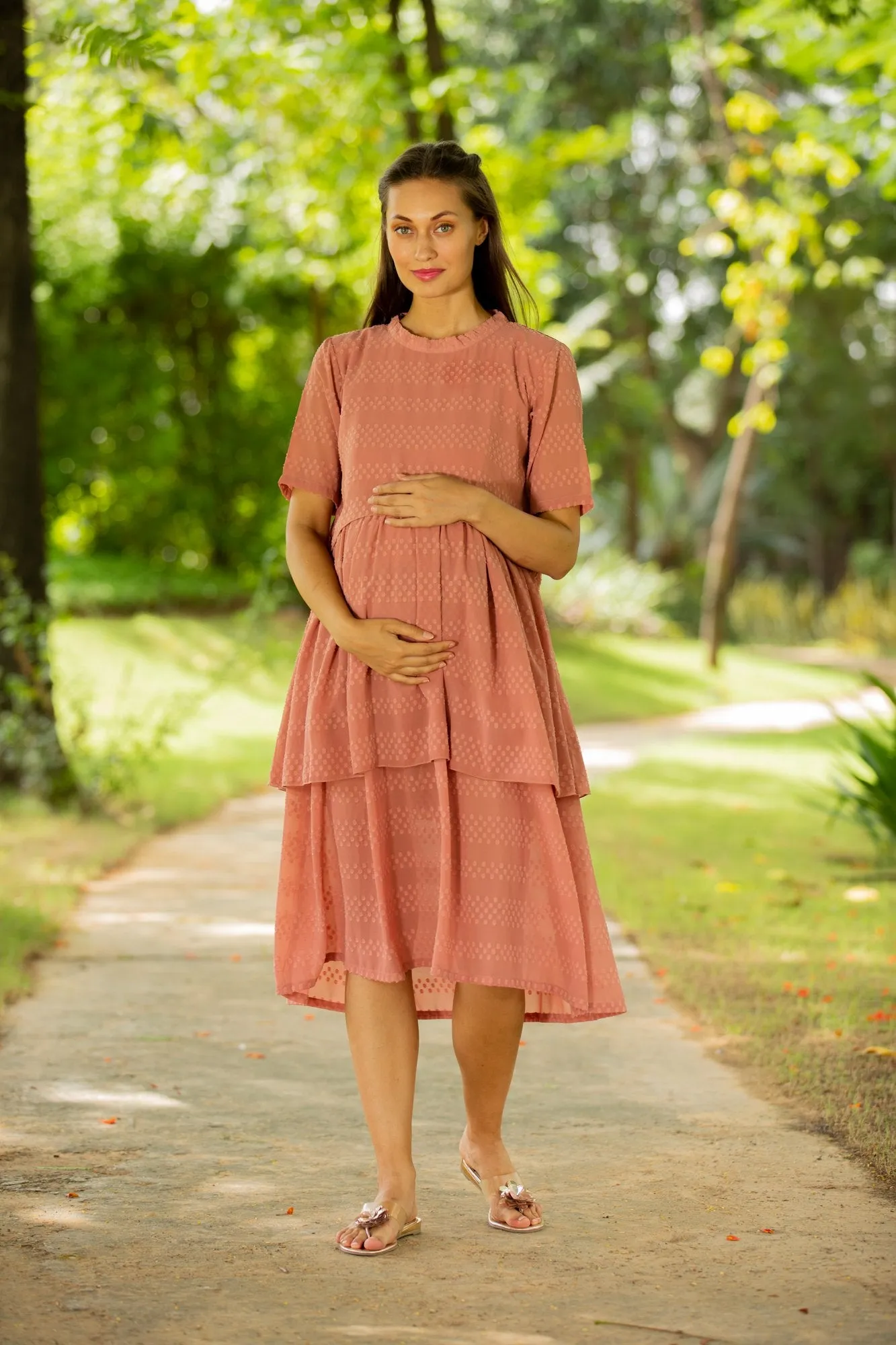 Peach Layered Maternity & Nursing Dress