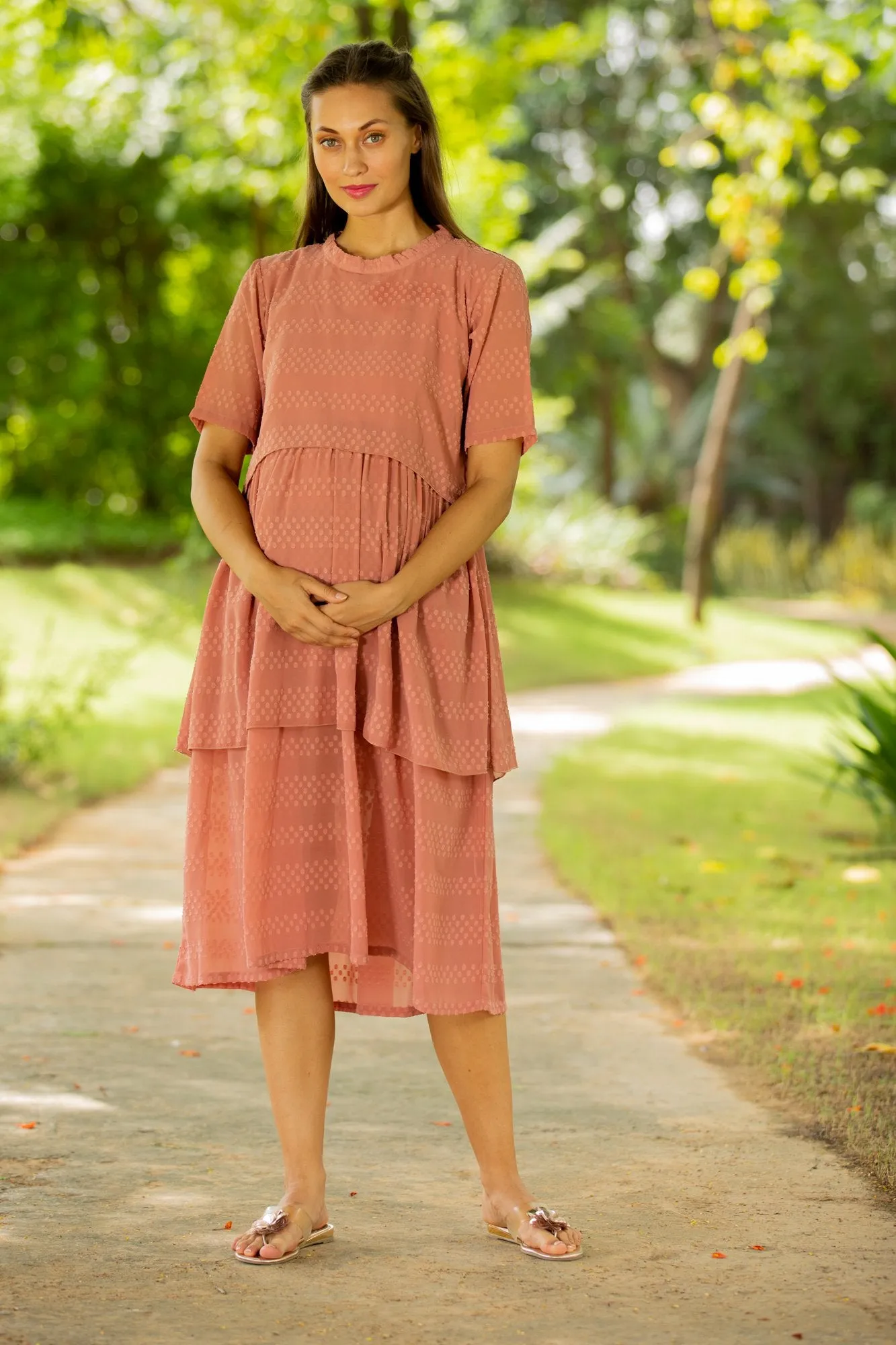 Peach Layered Maternity & Nursing Dress