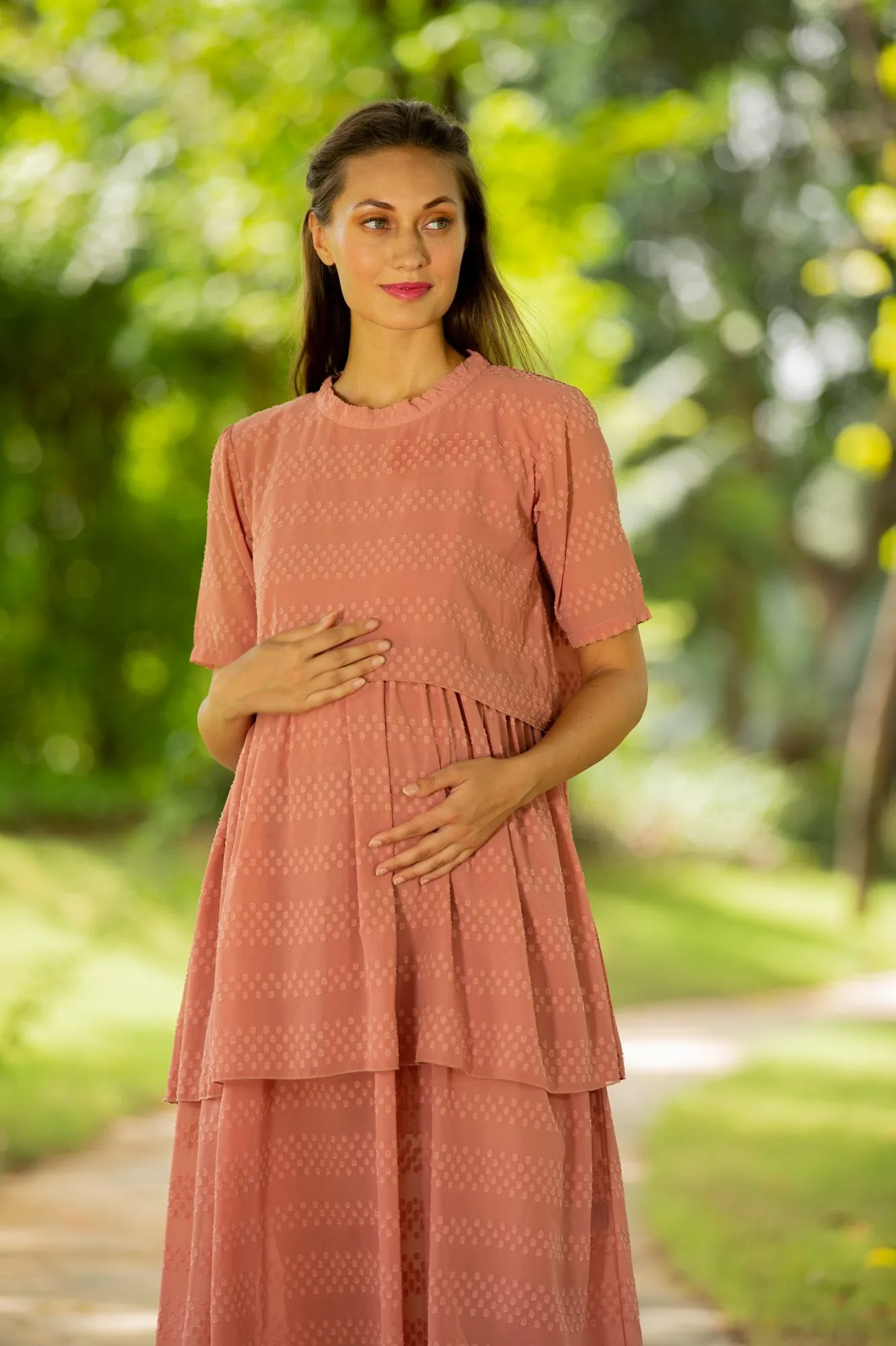 Peach Layered Maternity & Nursing Dress