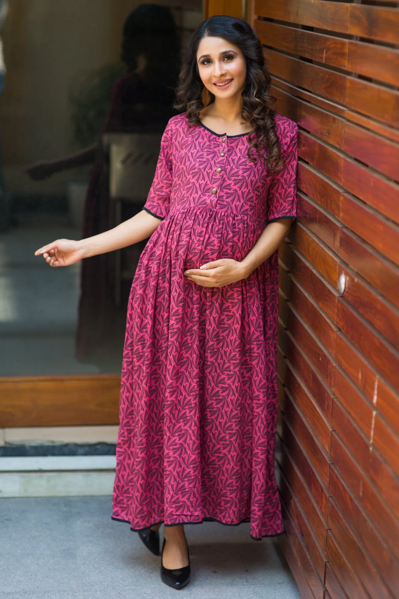 Pink Leaf Long Maternity and Nursing Kurta