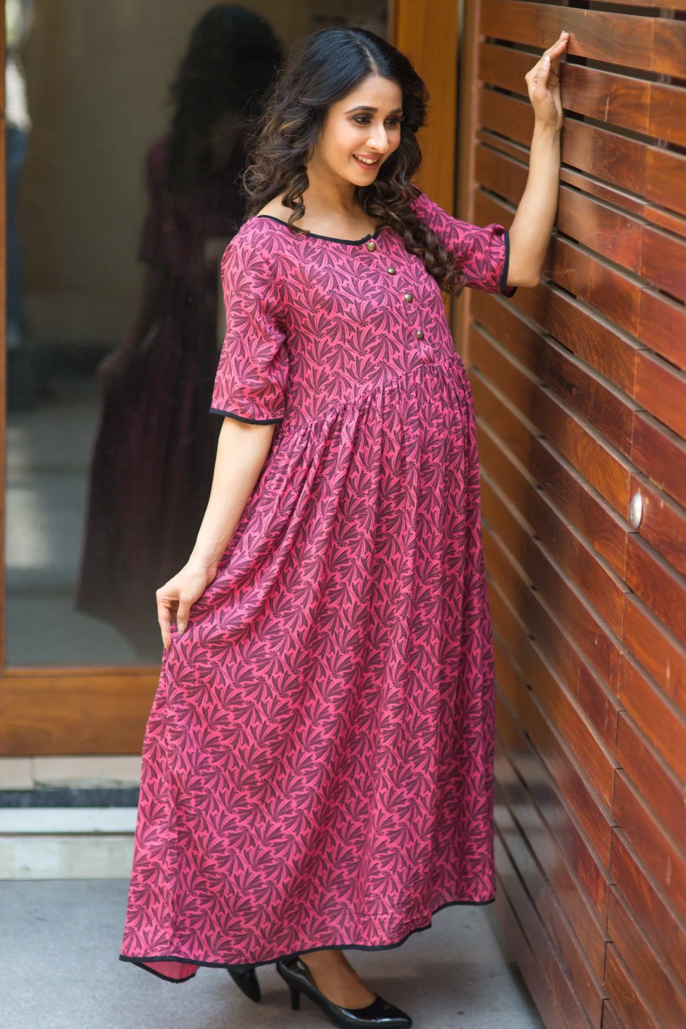 Pink Leaf Long Maternity and Nursing Kurta