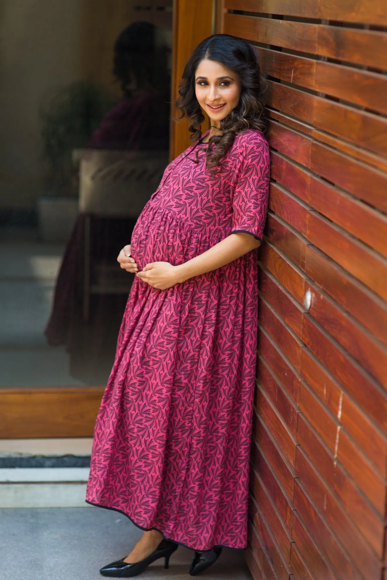 Pink Leaf Long Maternity and Nursing Kurta