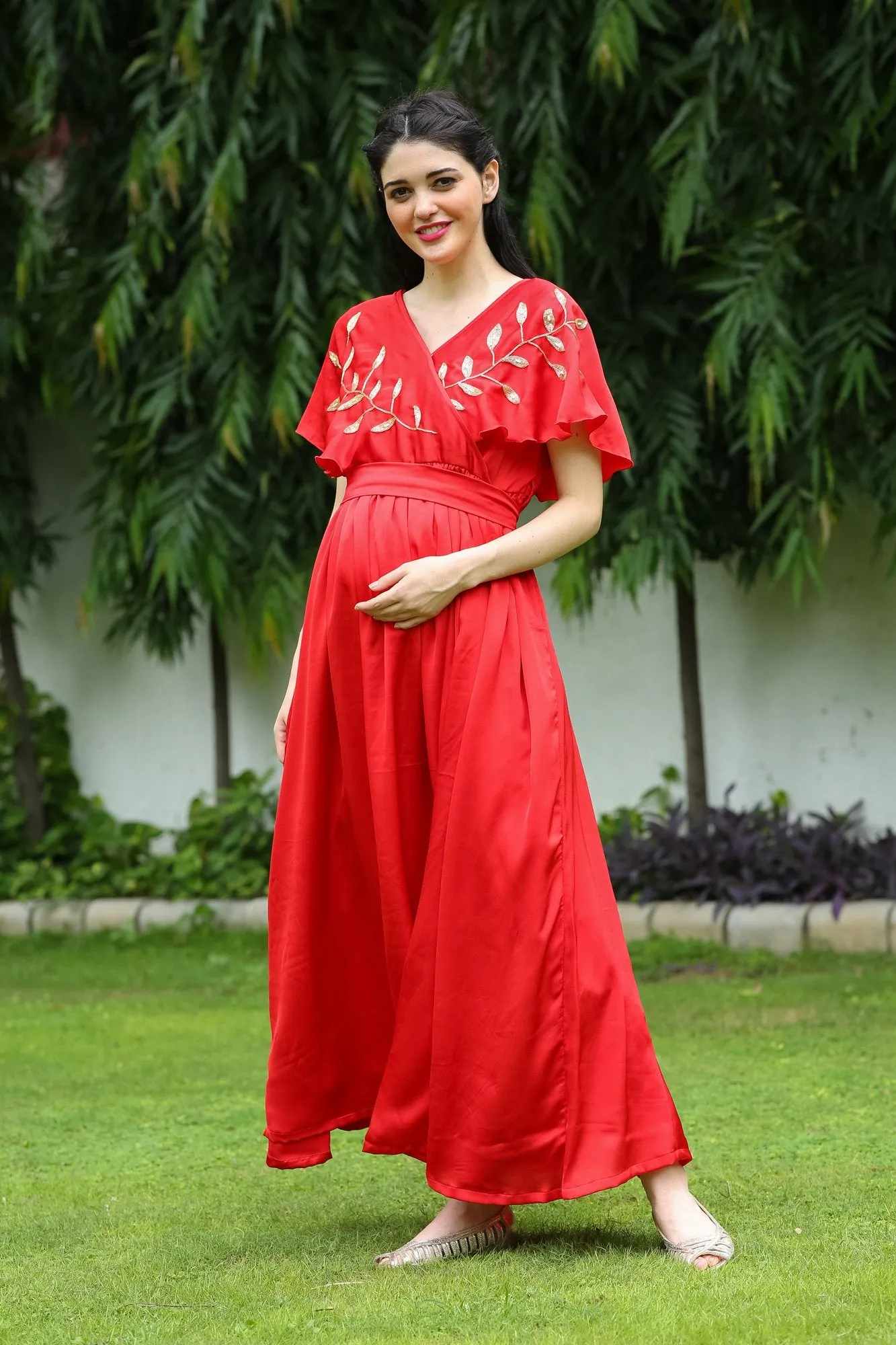 Premium Leafy Hand Embroidered Maternity & Nursing Dress