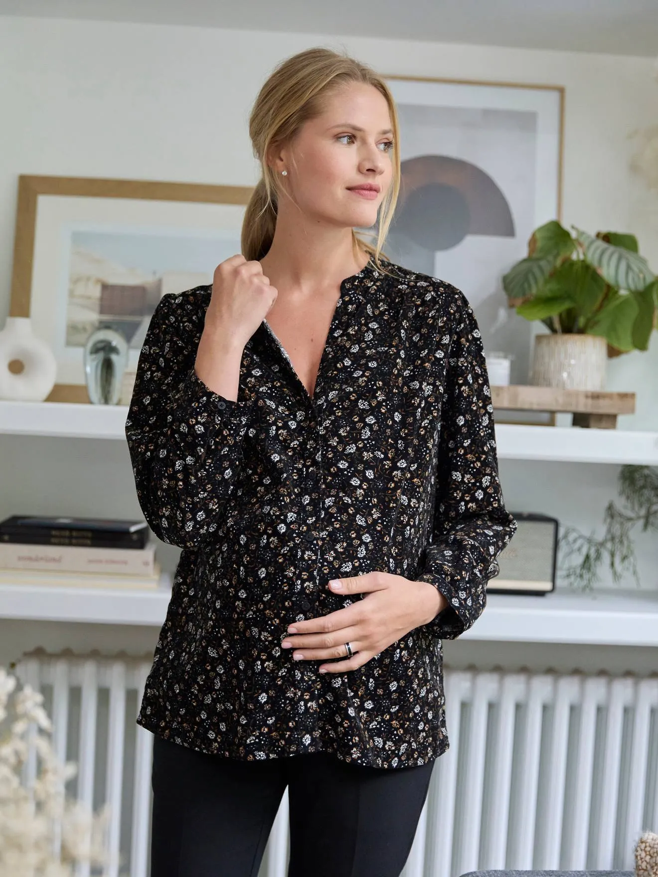 Printed Corduroy Blouse, Maternity & Nursing Special - black