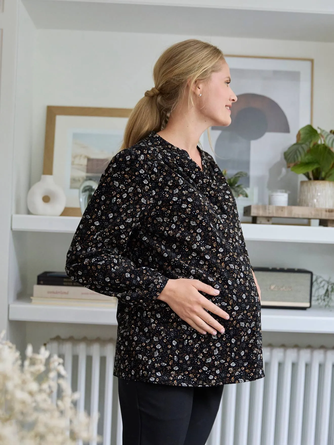 Printed Corduroy Blouse, Maternity & Nursing Special - black