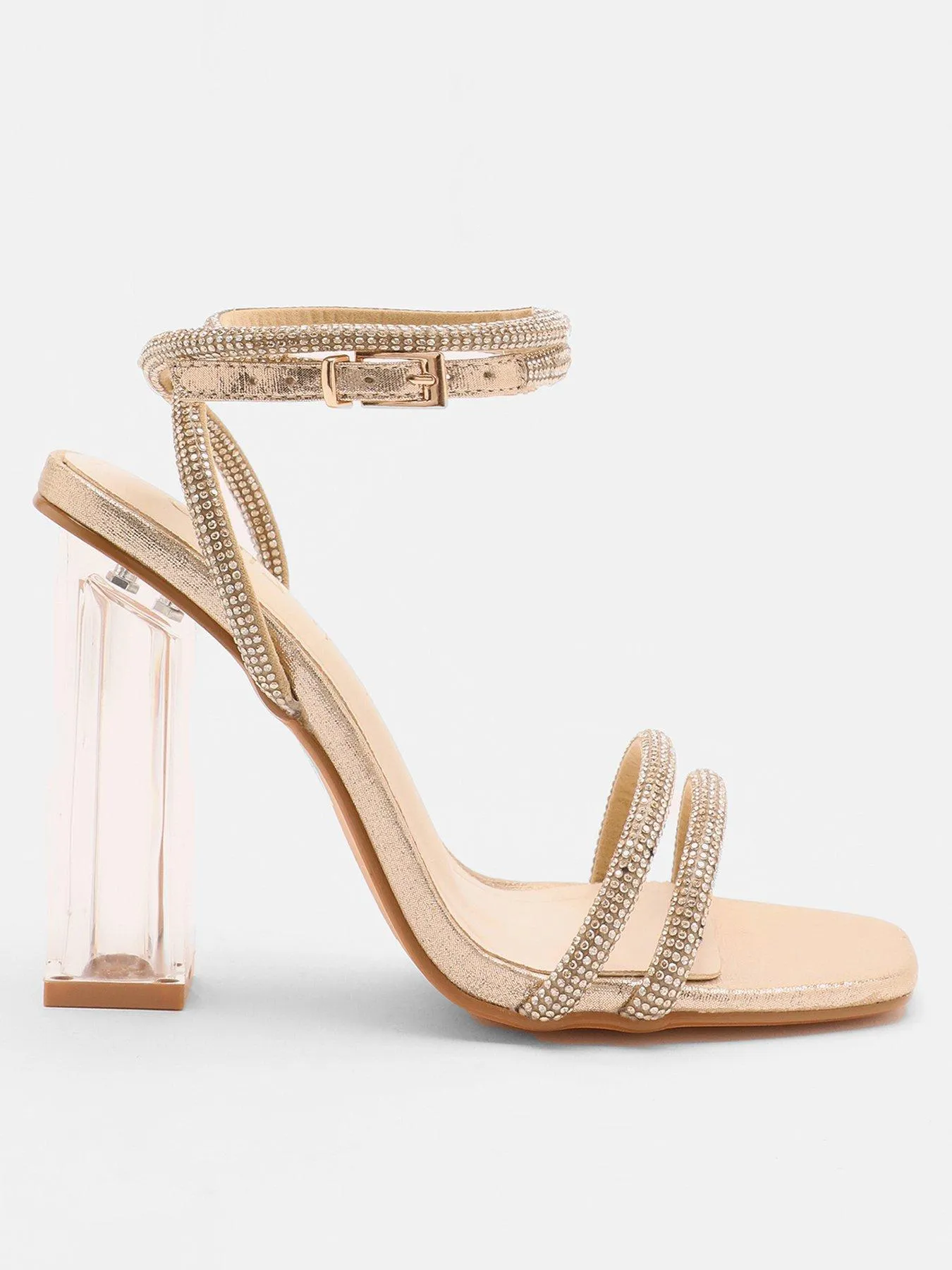 Quiz Wide Fit Gold Diamante Clear Heeled Sandals