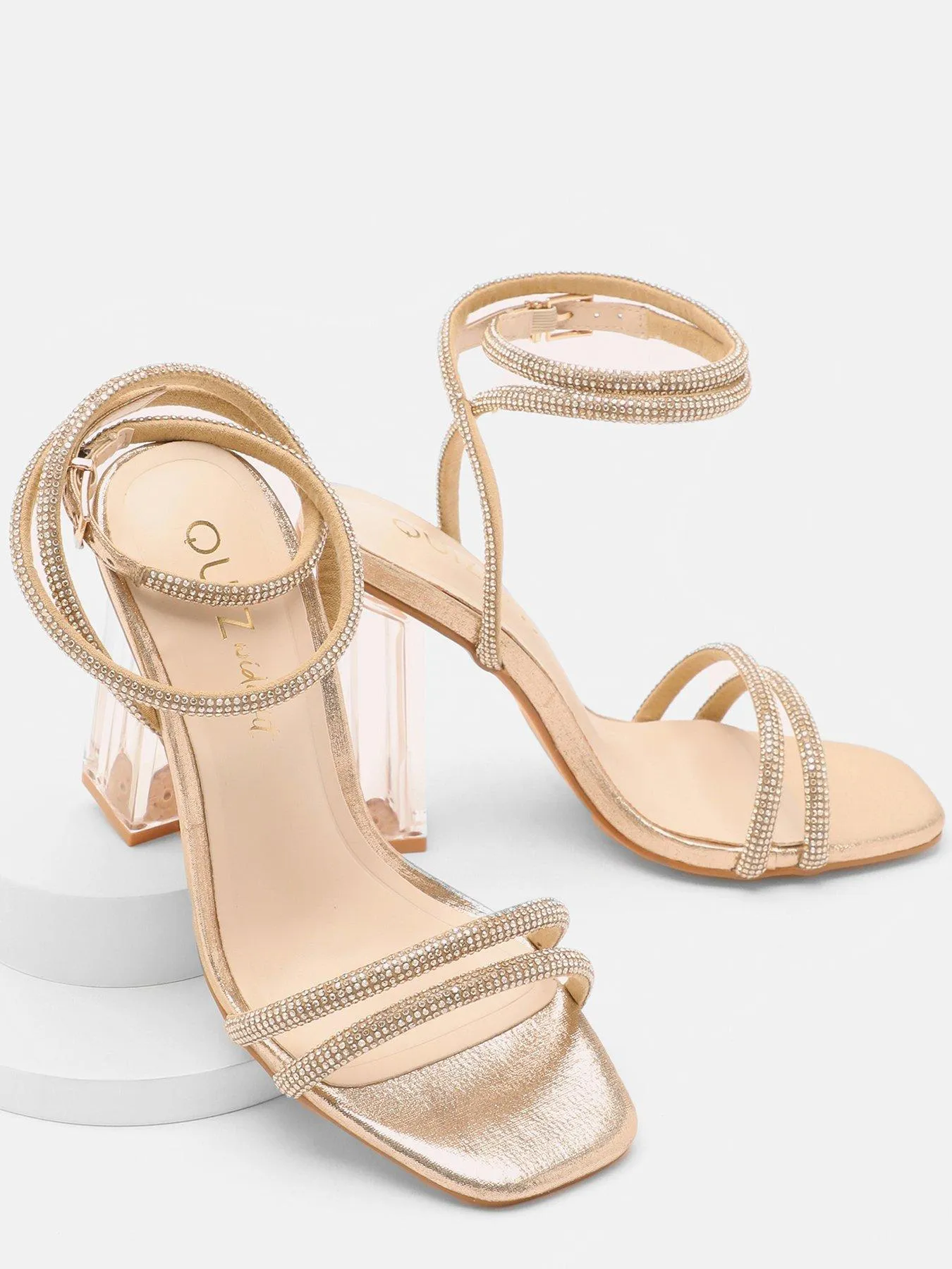 Quiz Wide Fit Gold Diamante Clear Heeled Sandals