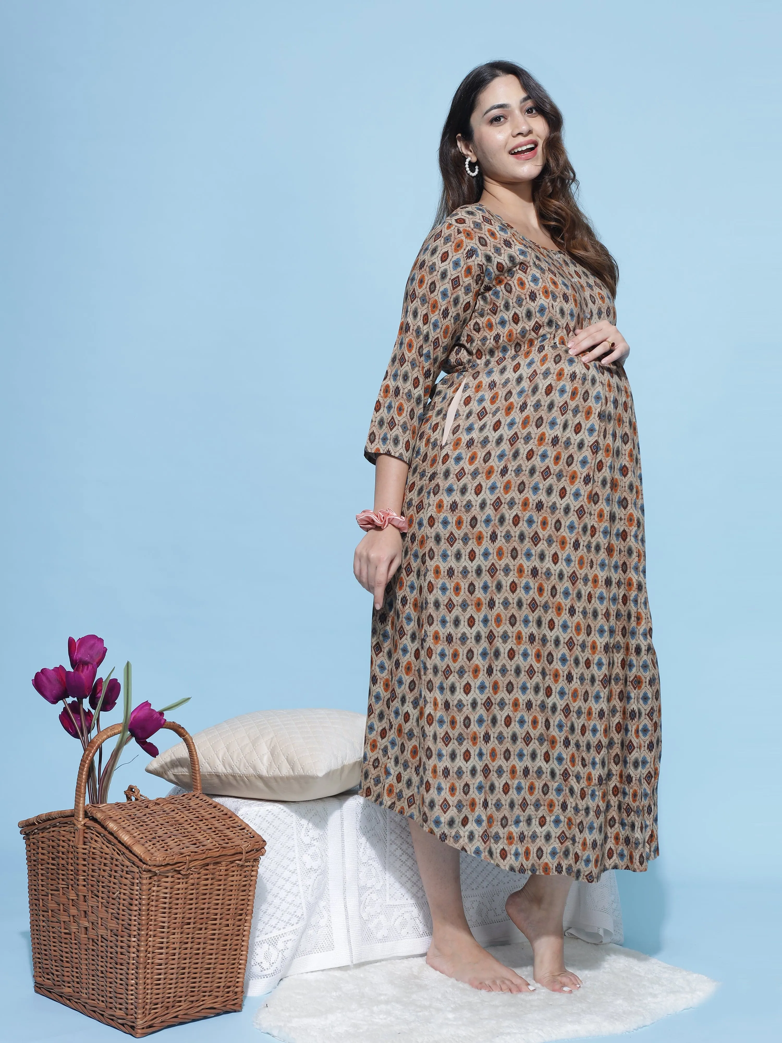 Rayon Maternity Feeding Dress Brown