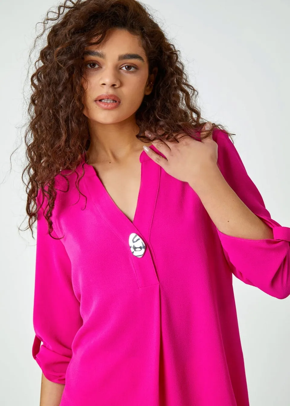 Roman Fuchsia V-Neck Longline Button Detail Tunic Top