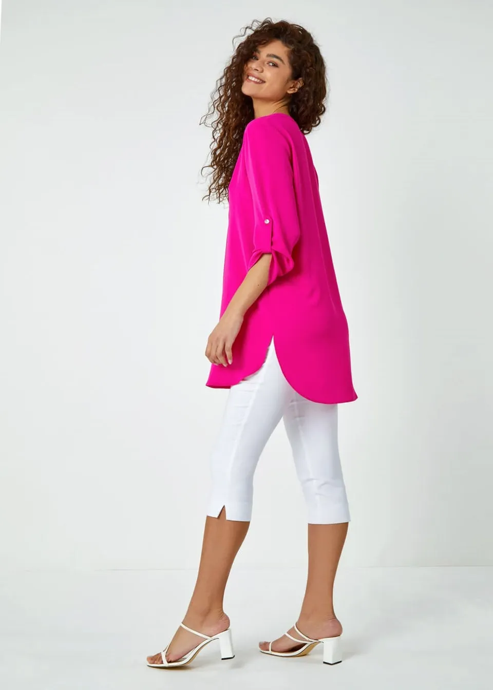 Roman Fuchsia V-Neck Longline Button Detail Tunic Top