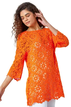 Roman Orange Floral Cotton Crochet Tunic Top