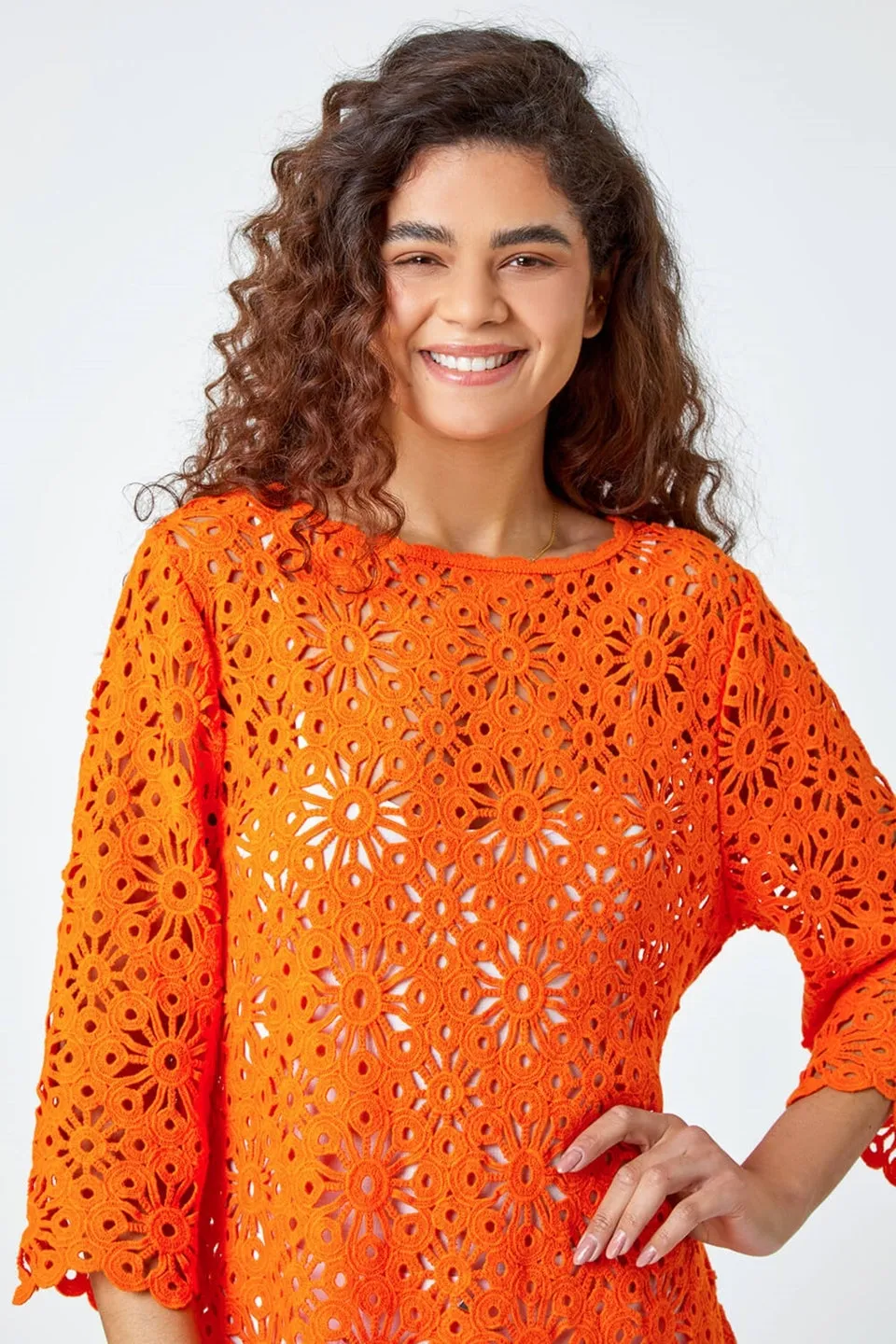 Roman Orange Floral Cotton Crochet Tunic Top