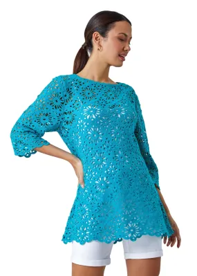 Roman Turquoise Floral Cotton Crochet Tunic Top