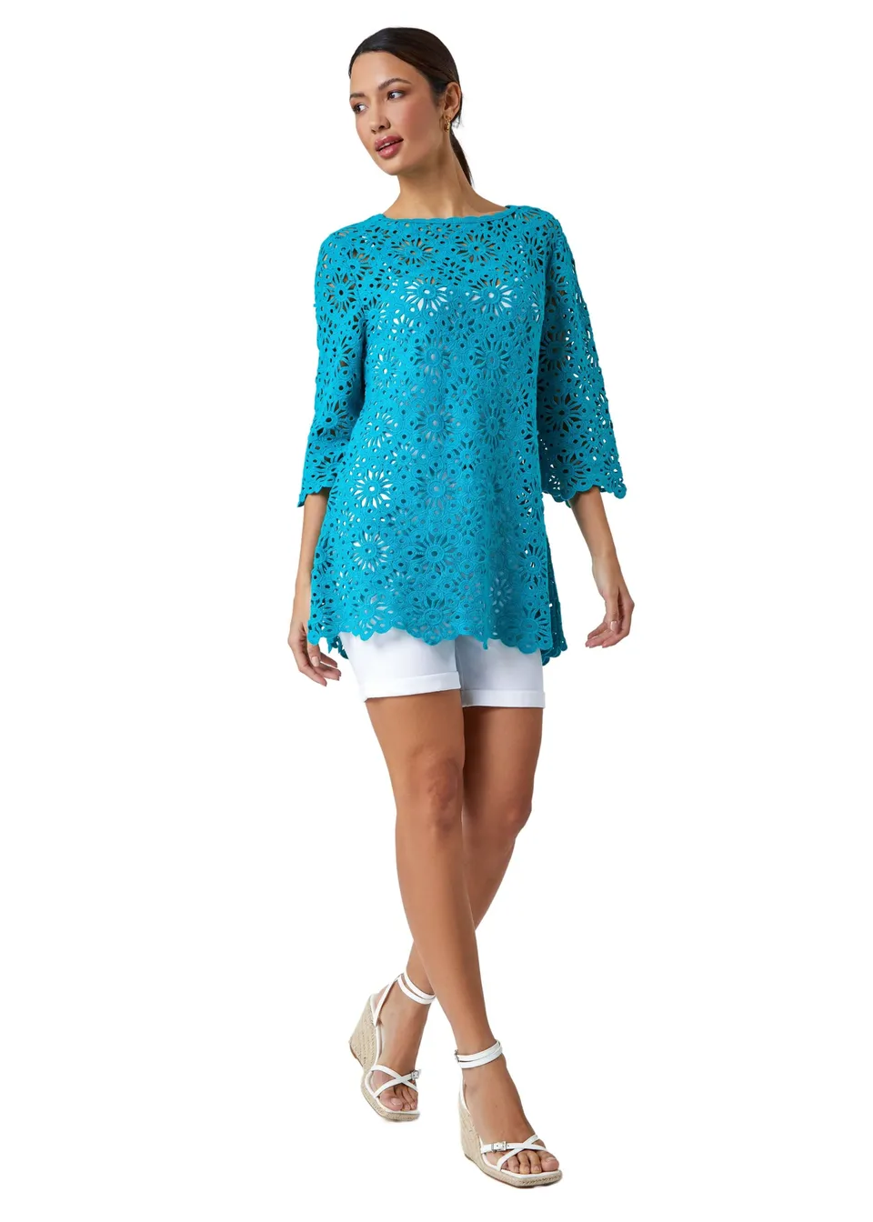 Roman Turquoise Floral Cotton Crochet Tunic Top