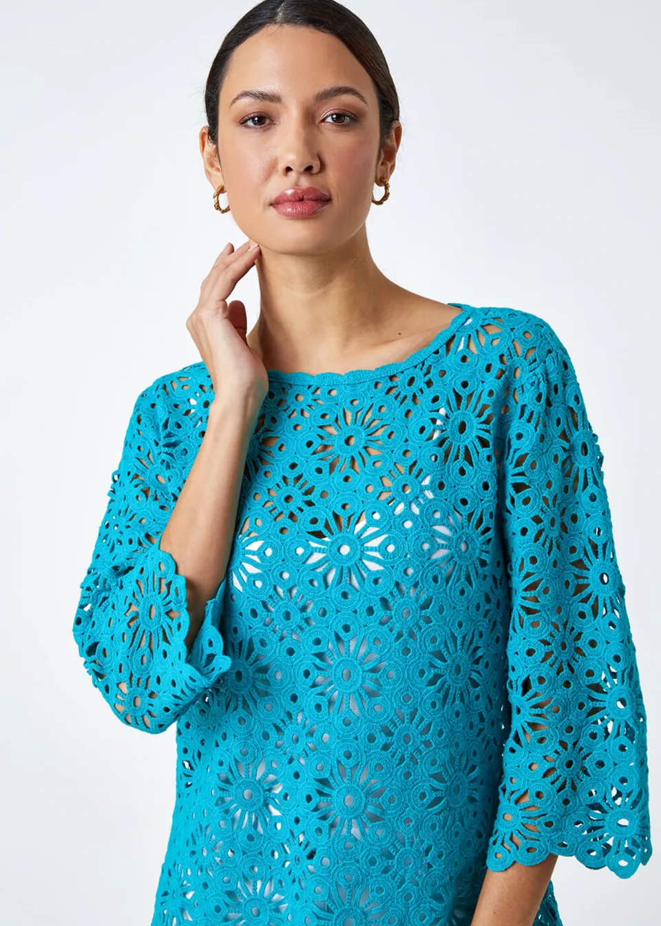 Roman Turquoise Floral Cotton Crochet Tunic Top