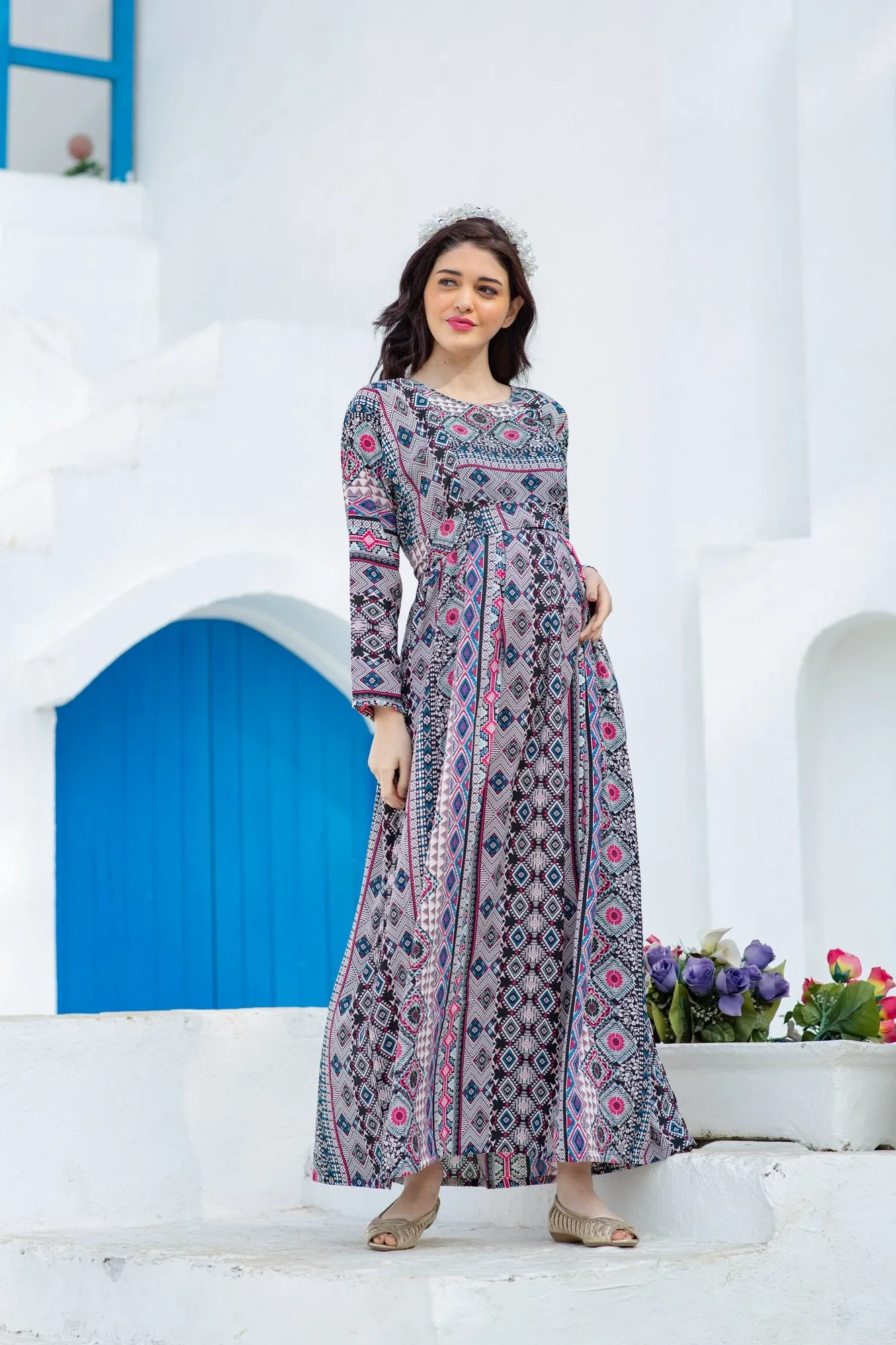 Royal Aztec Concealed Zip Maternity & Nursing Maxi