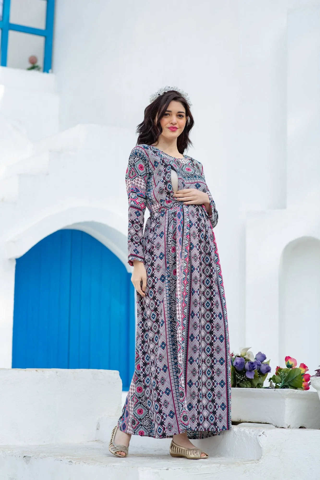 Royal Aztec Concealed Zip Maternity & Nursing Maxi