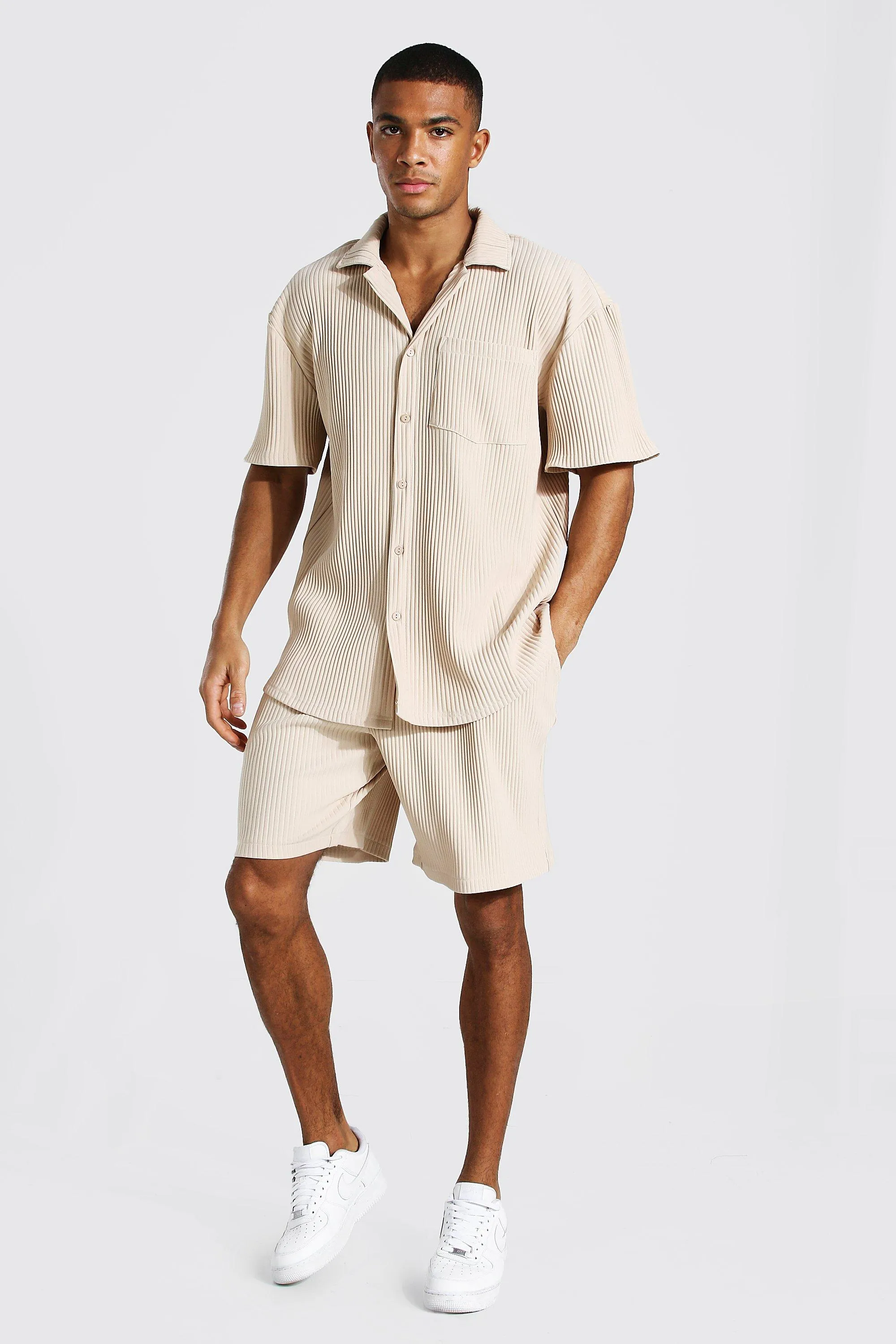 Short Sleeve Pleated Shirt Short Set | boohooMAN UK