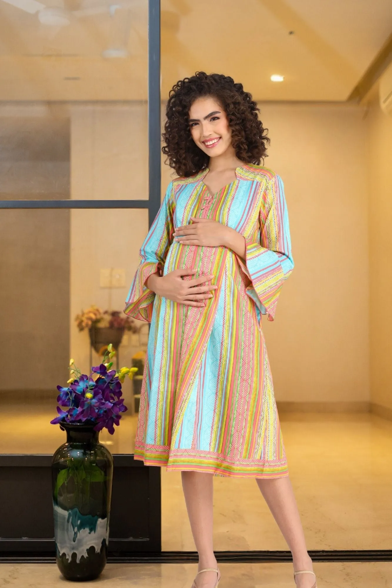 Striped Coral Maternity & Nursing Dress (100% Cotton)