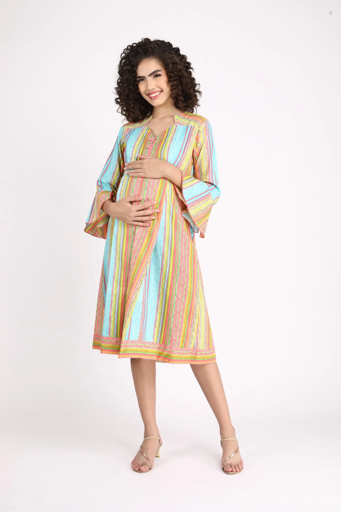 Striped Coral Maternity & Nursing Dress (100% Cotton)