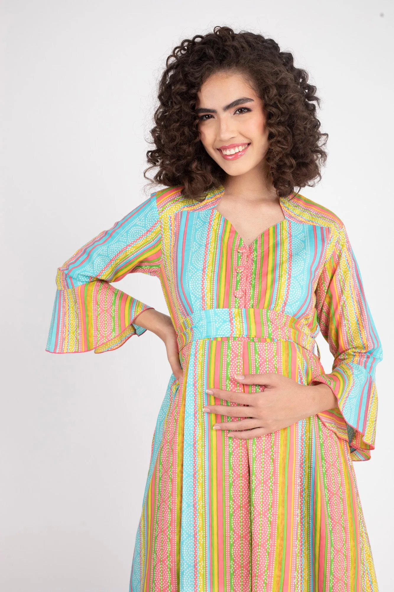 Striped Coral Maternity & Nursing Dress (100% Cotton)