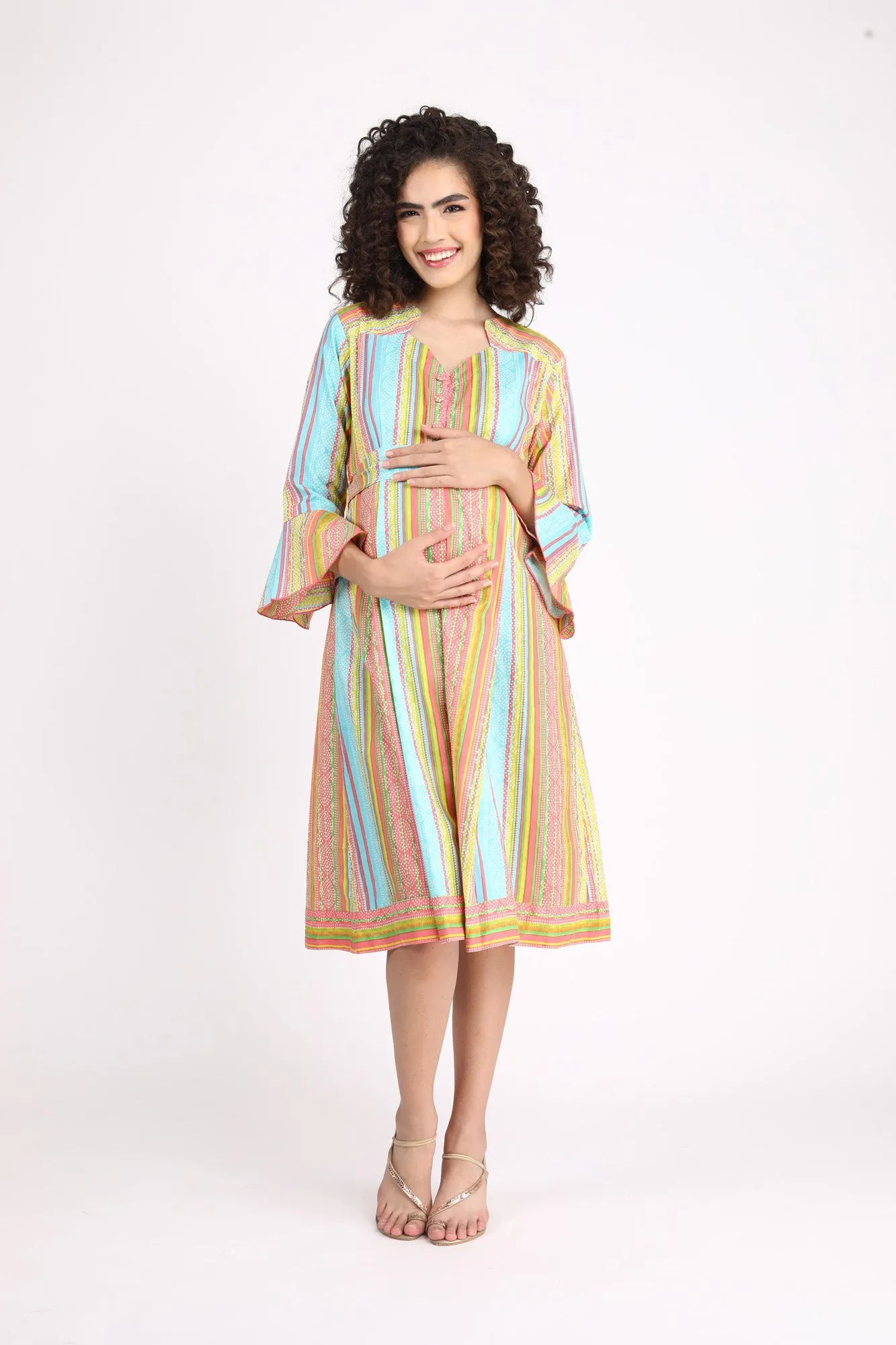 Striped Coral Maternity & Nursing Dress (100% Cotton)