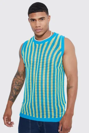 Striped Oversized Crochet Vest | boohooMAN UK