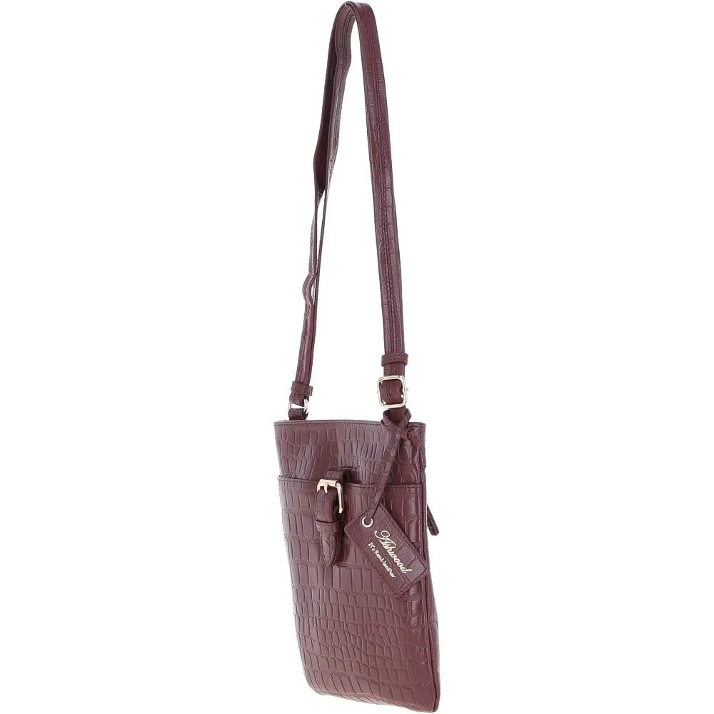 Tab Small Zip Top Leather Cross Body Bag Aubergine/Croc