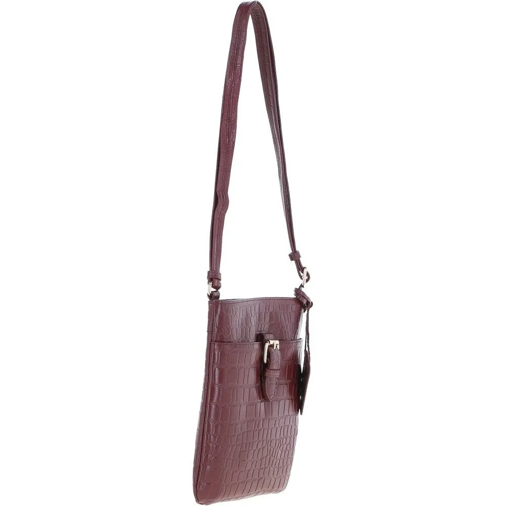 Tab Small Zip Top Leather Cross Body Bag Aubergine/Croc