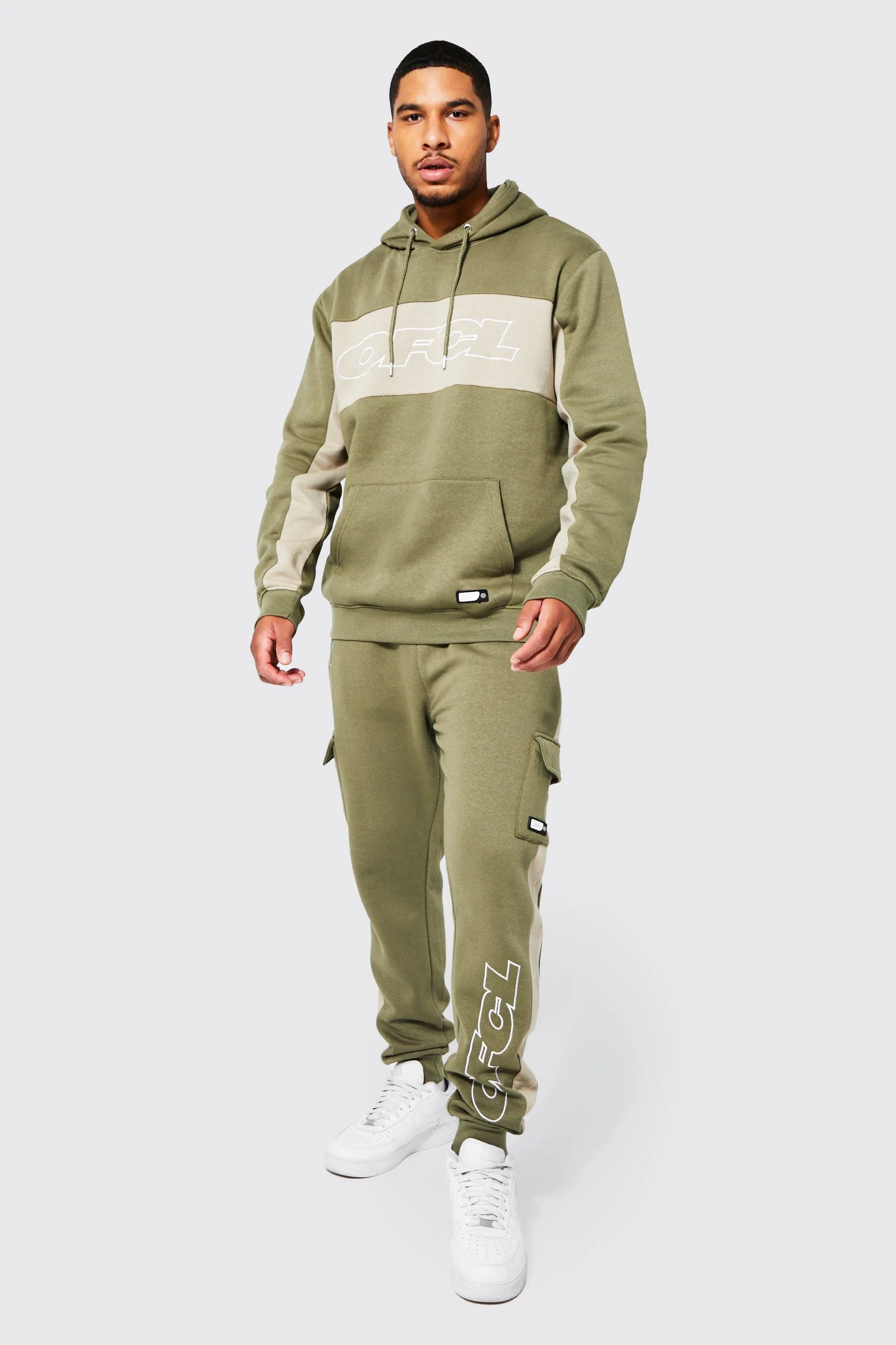 Tall Man Colour Block Cargo Hooded Tracksuit | boohooMAN UK