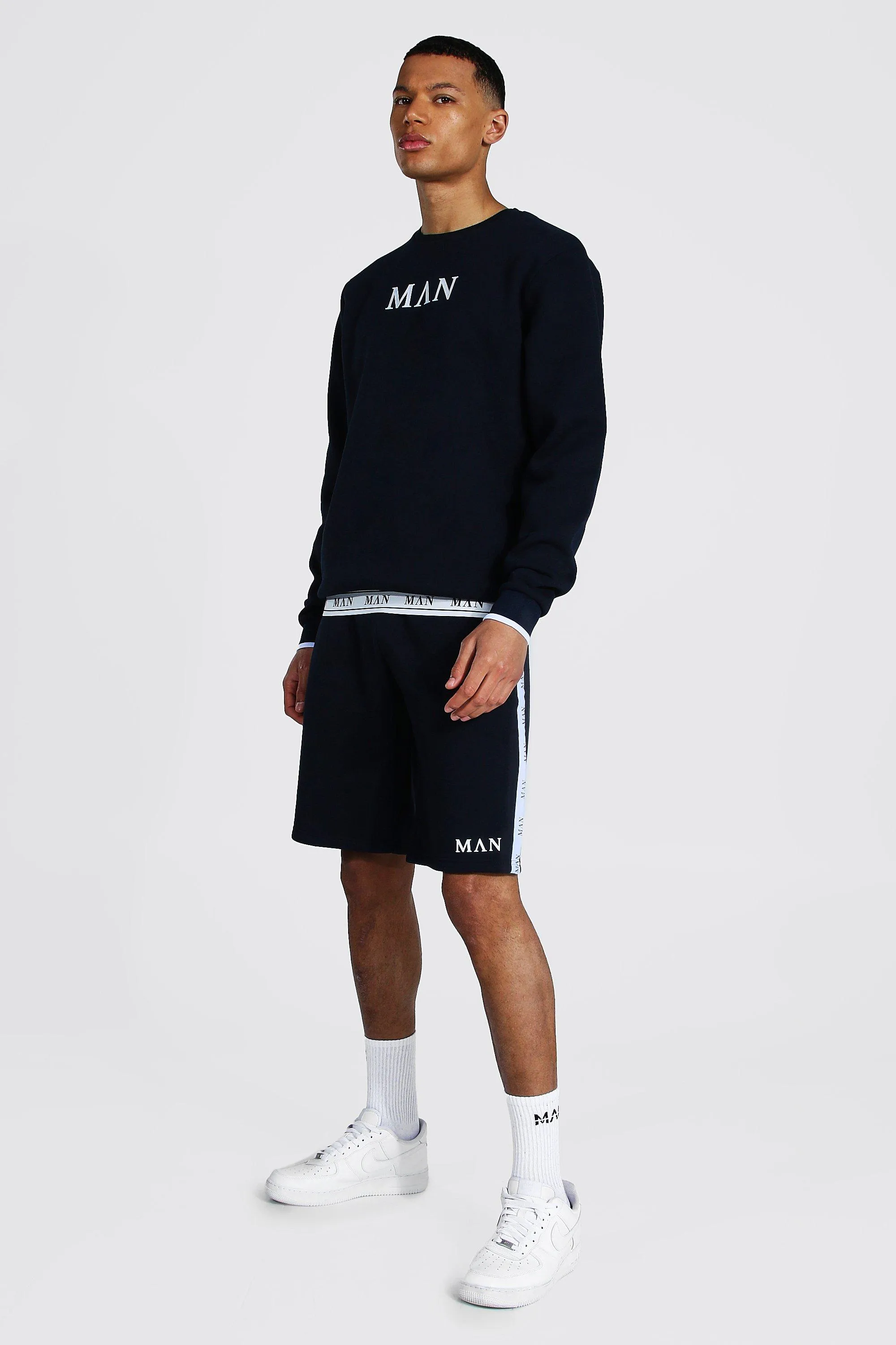 Tall Man Roman Short Tracksuit With Tape | boohooMAN UK