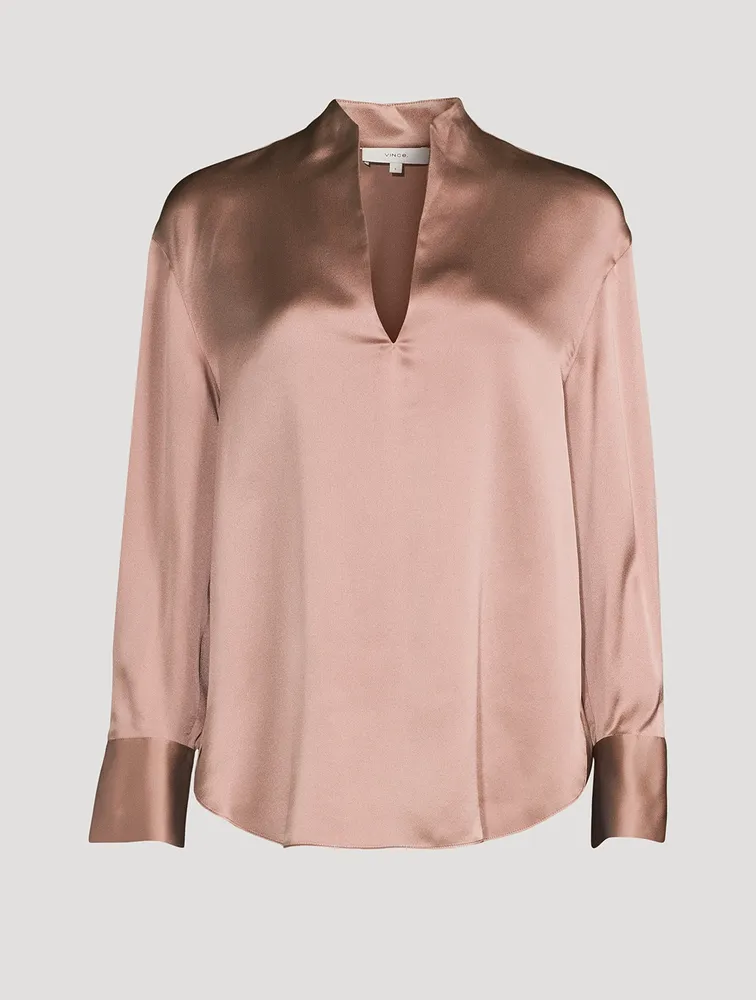 VINCE Split-Neck Silk Tunic Blouse