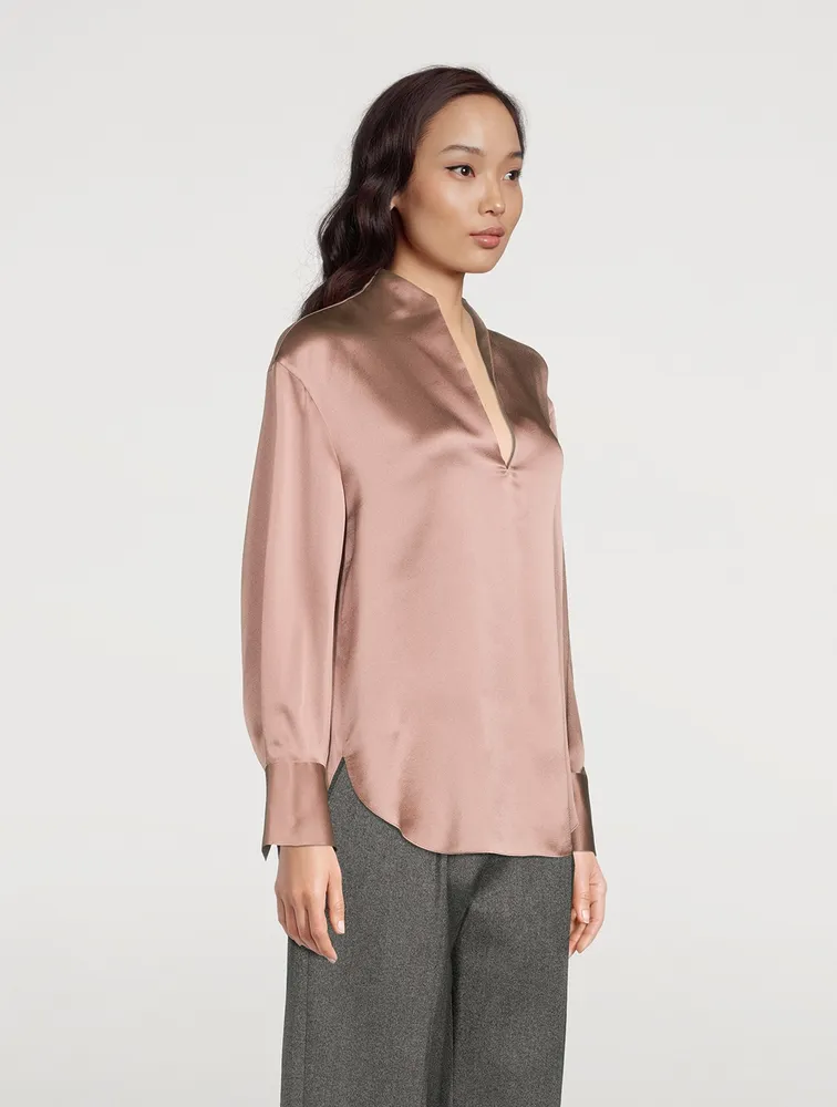 VINCE Split-Neck Silk Tunic Blouse